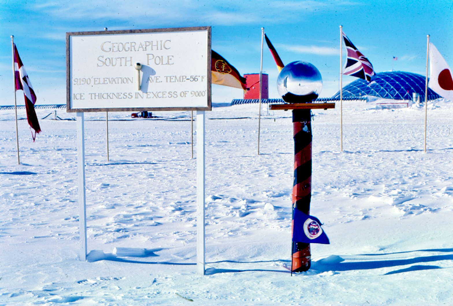 Flags surround a sign and pole.