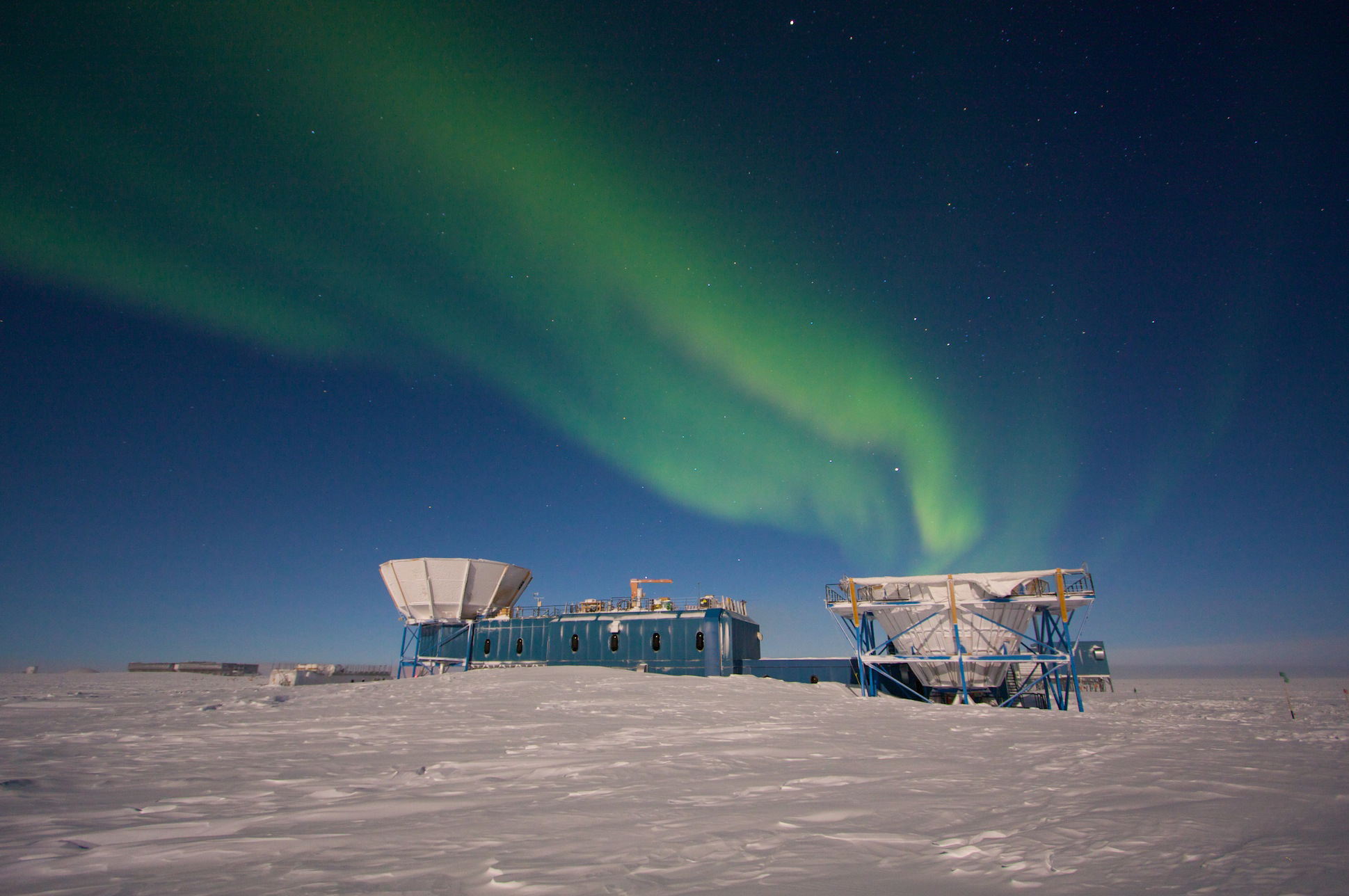 Auroras appear in the sky above a science building at the U.S. research station at the South Pole. 