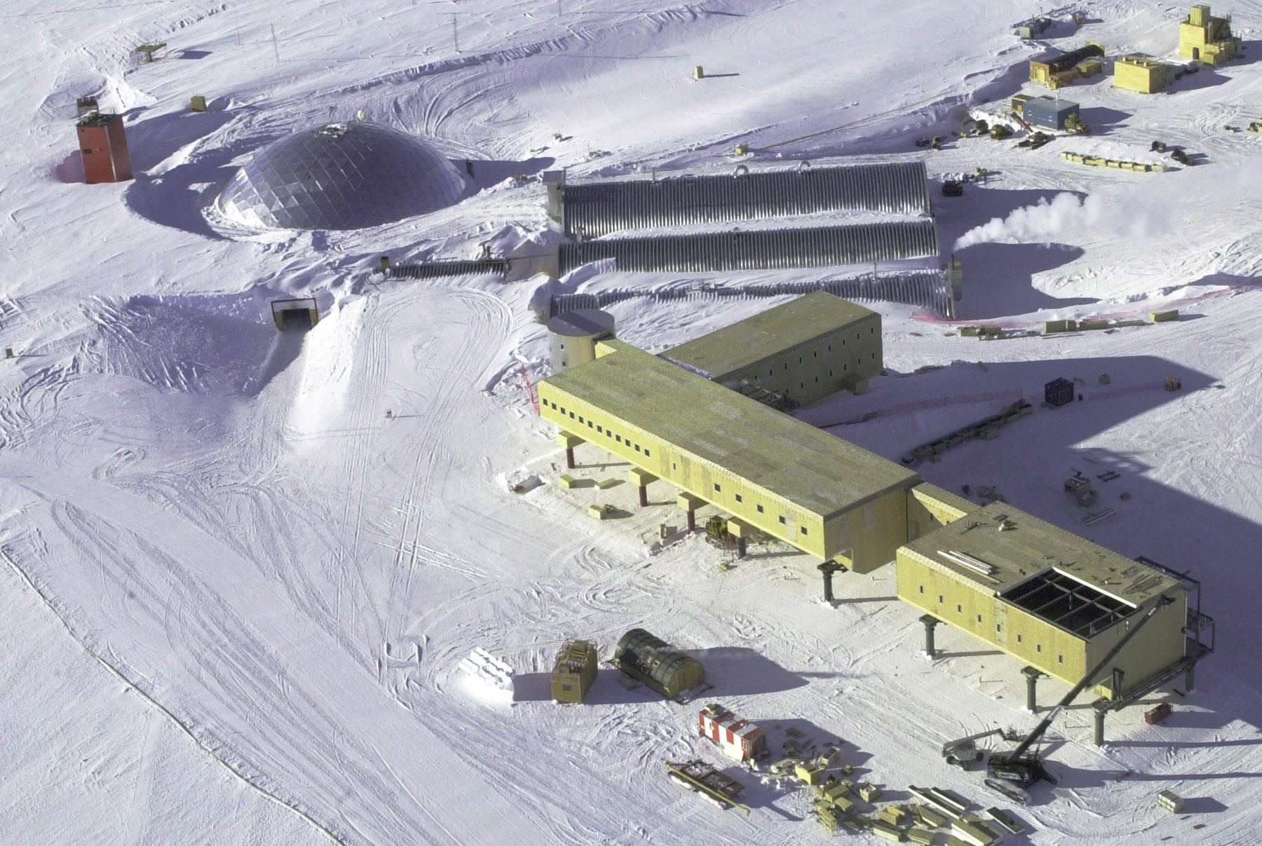 Aerial view of South Pole dome and newly constructed building.