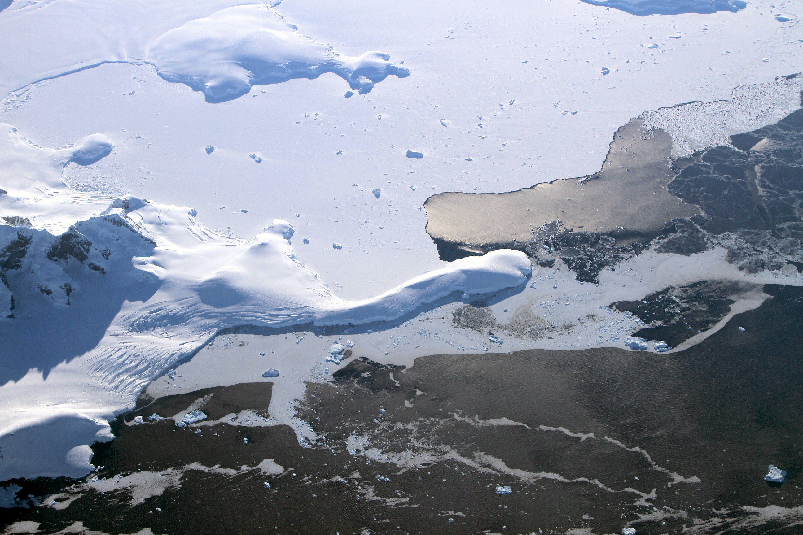 Aerial view of ice-covered landscape.