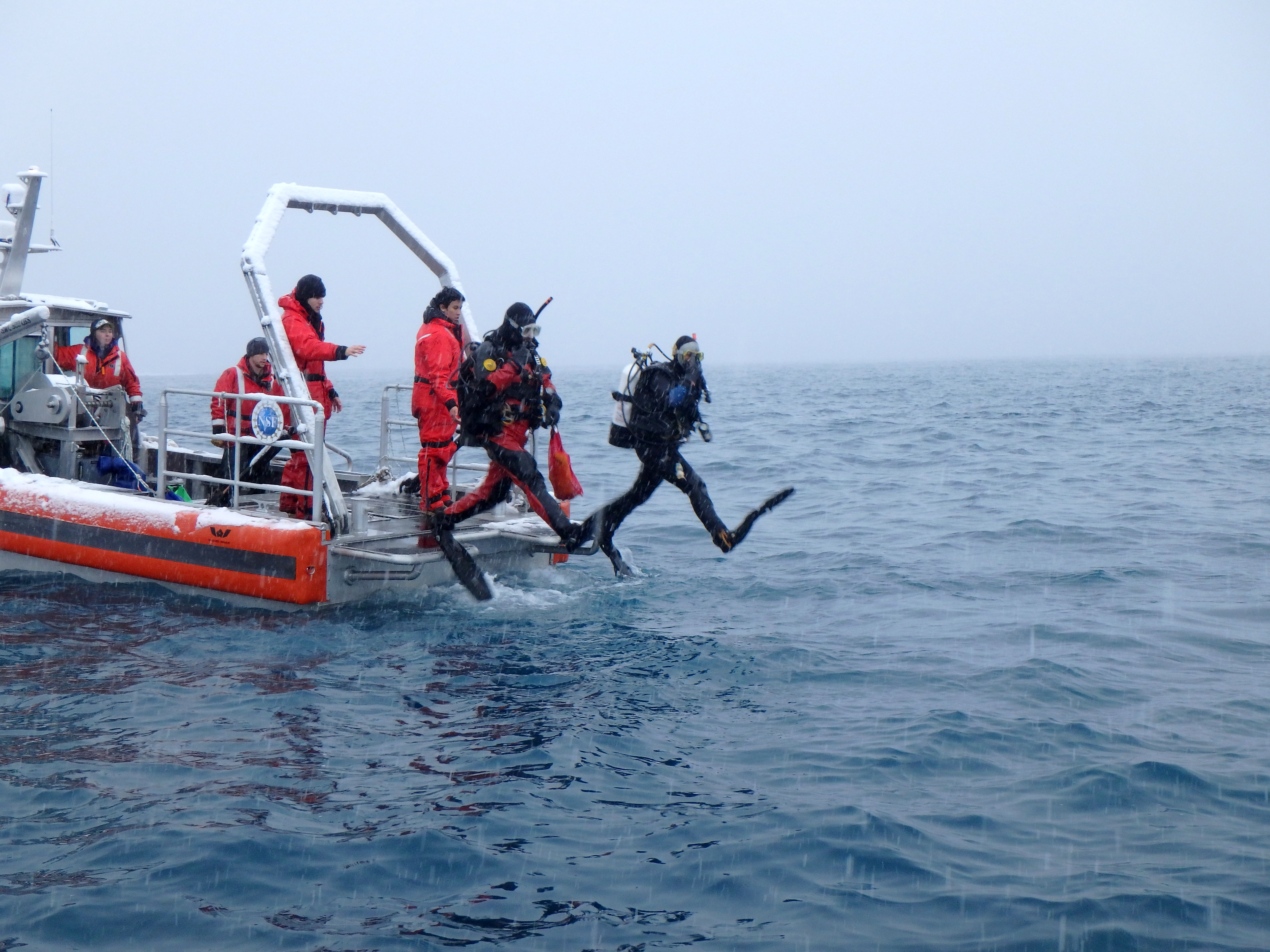 Scuba divers entering the water from a boat.