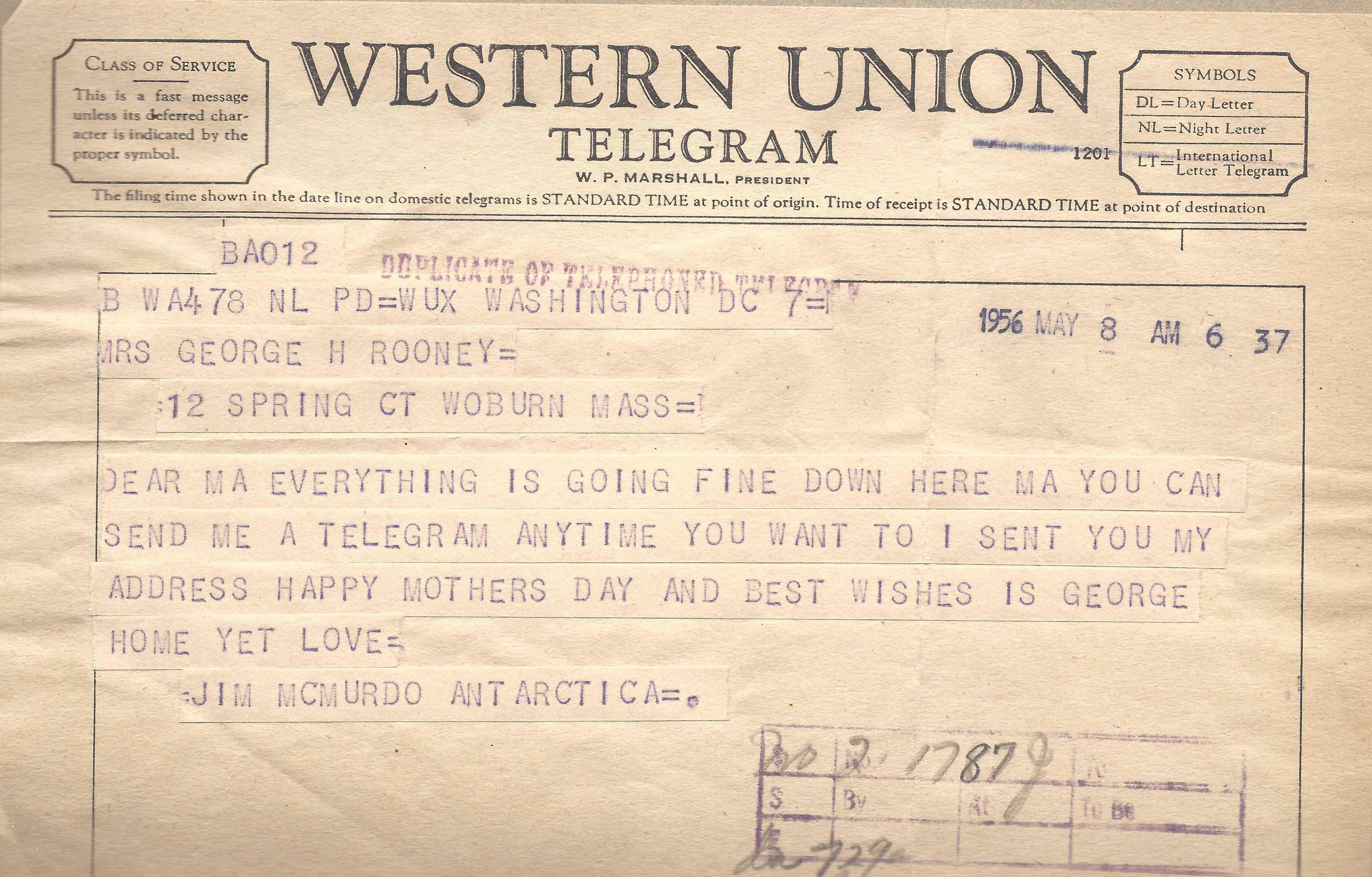 A telegram from 1956.