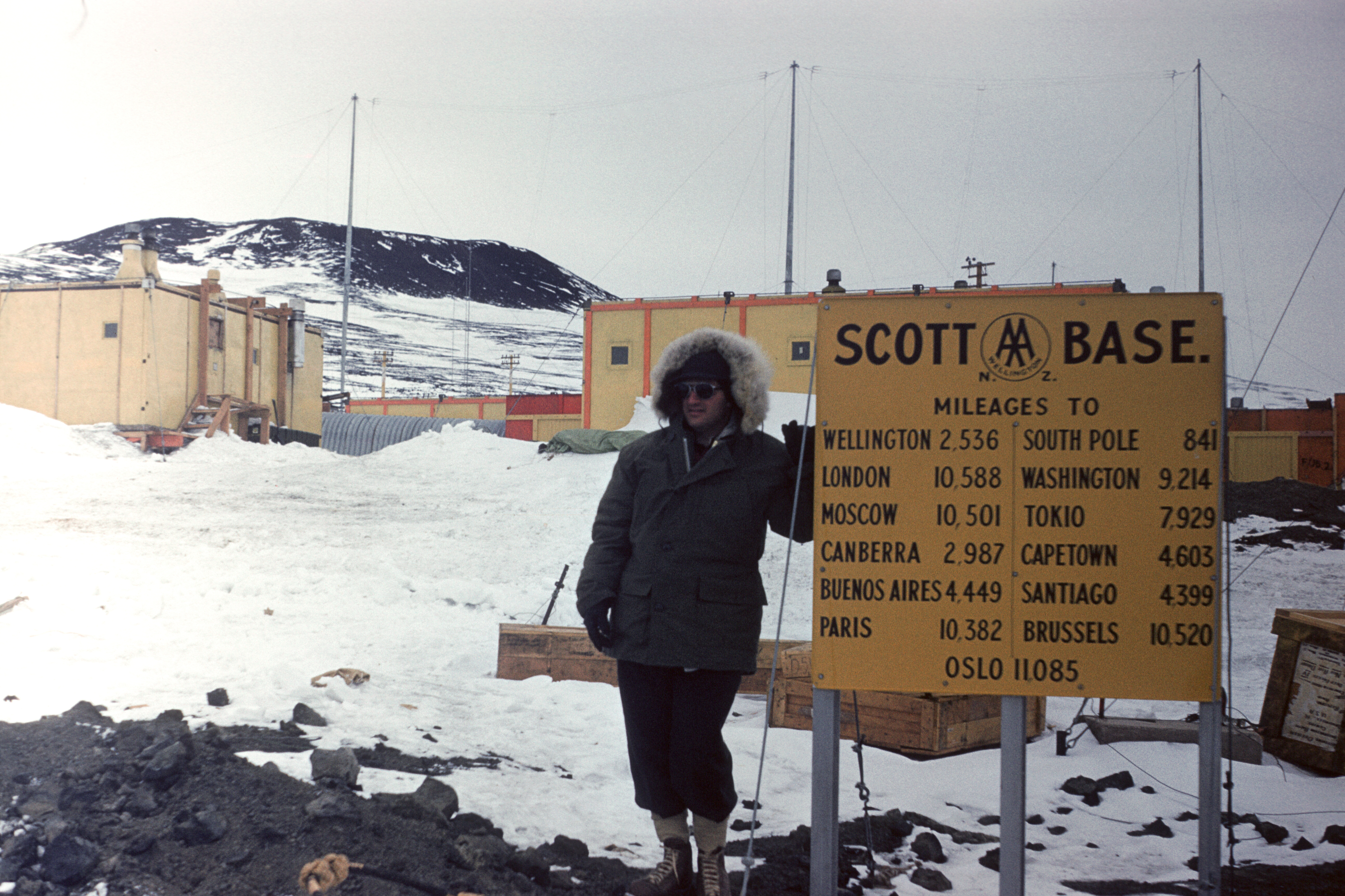 A man stands by a sign that says Scott Base and has mileage distances to global cities.