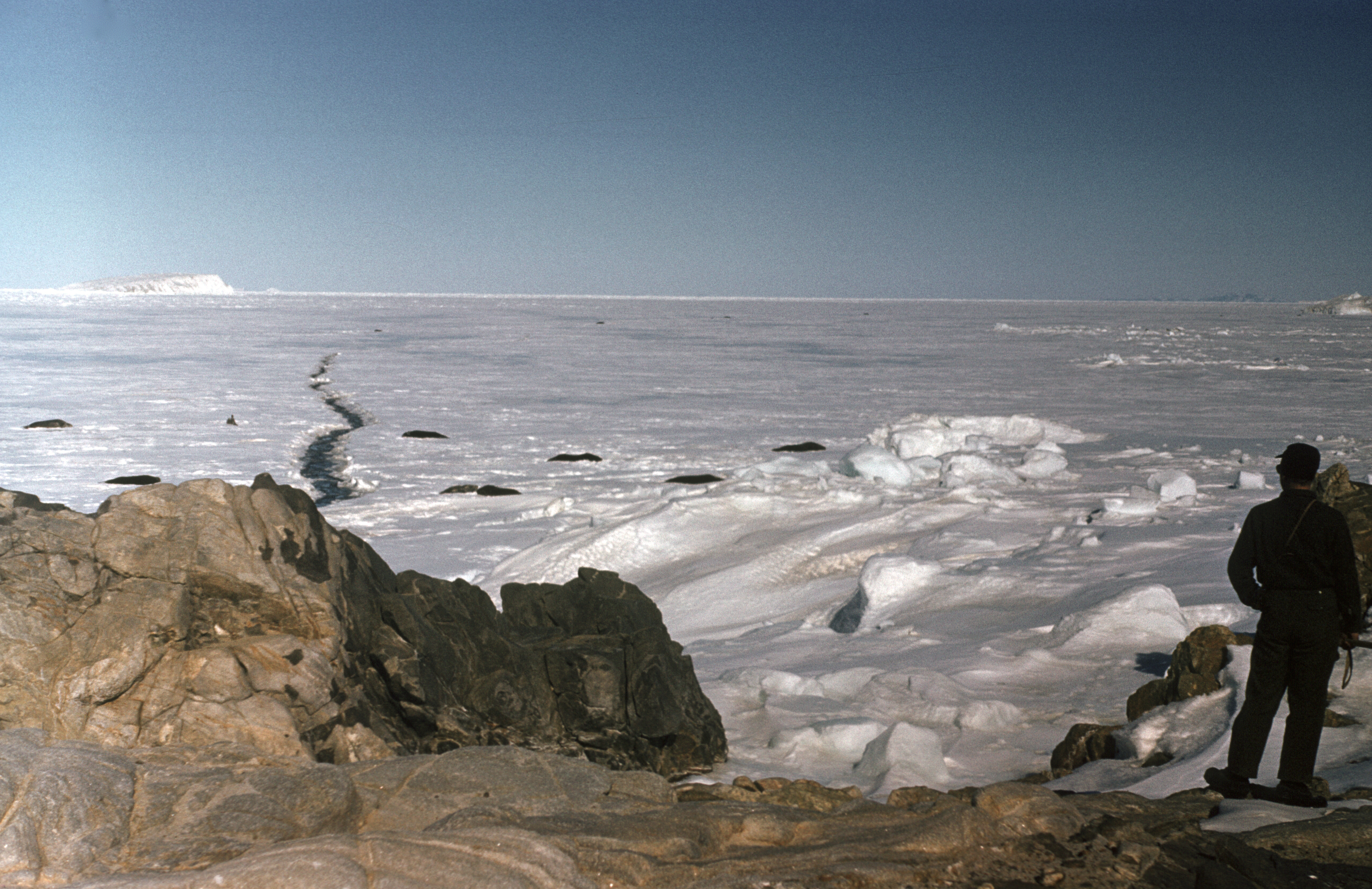 A man standing on a coastline near jumbled ice.