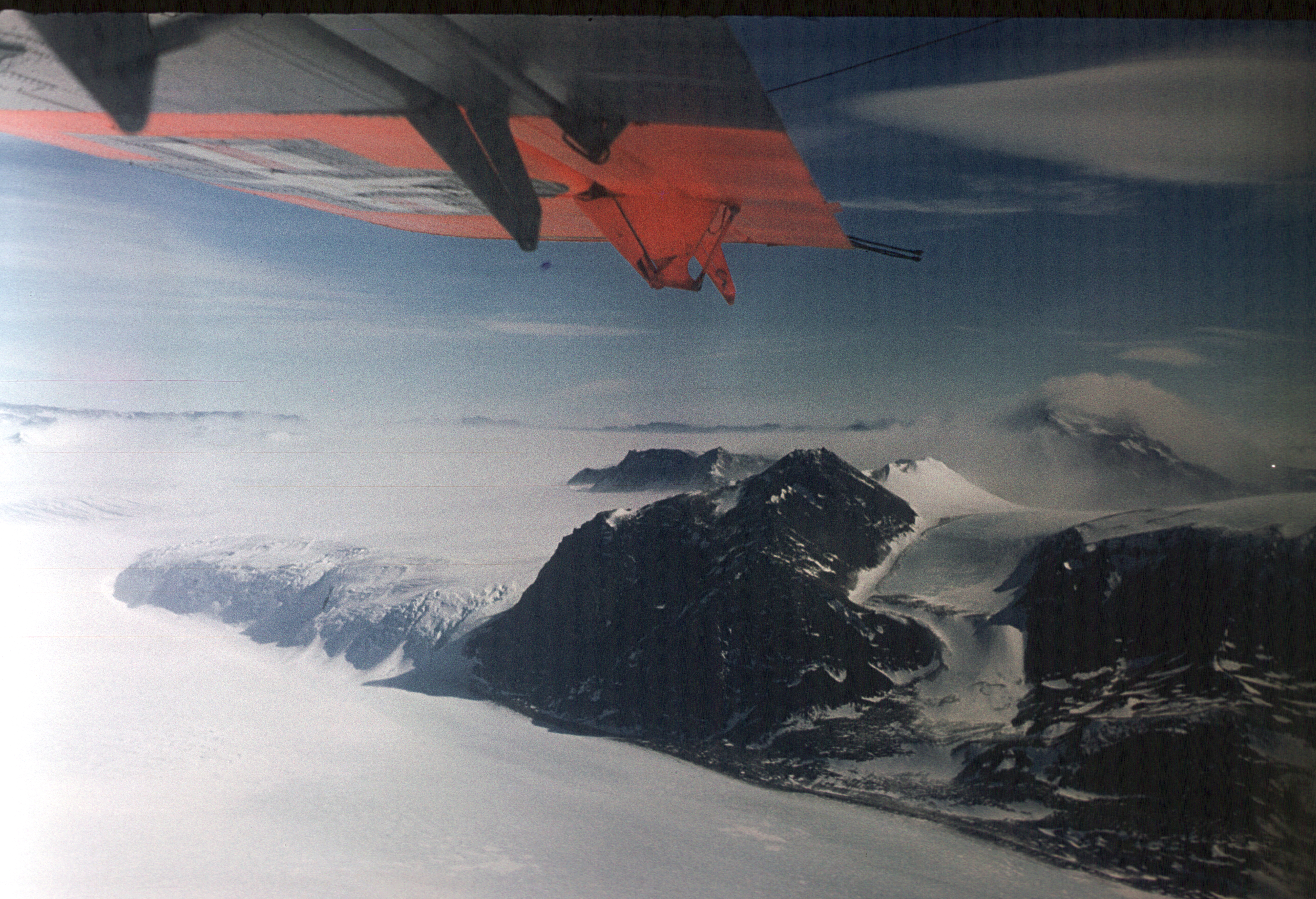 Aerial view of mountains and glaciers.