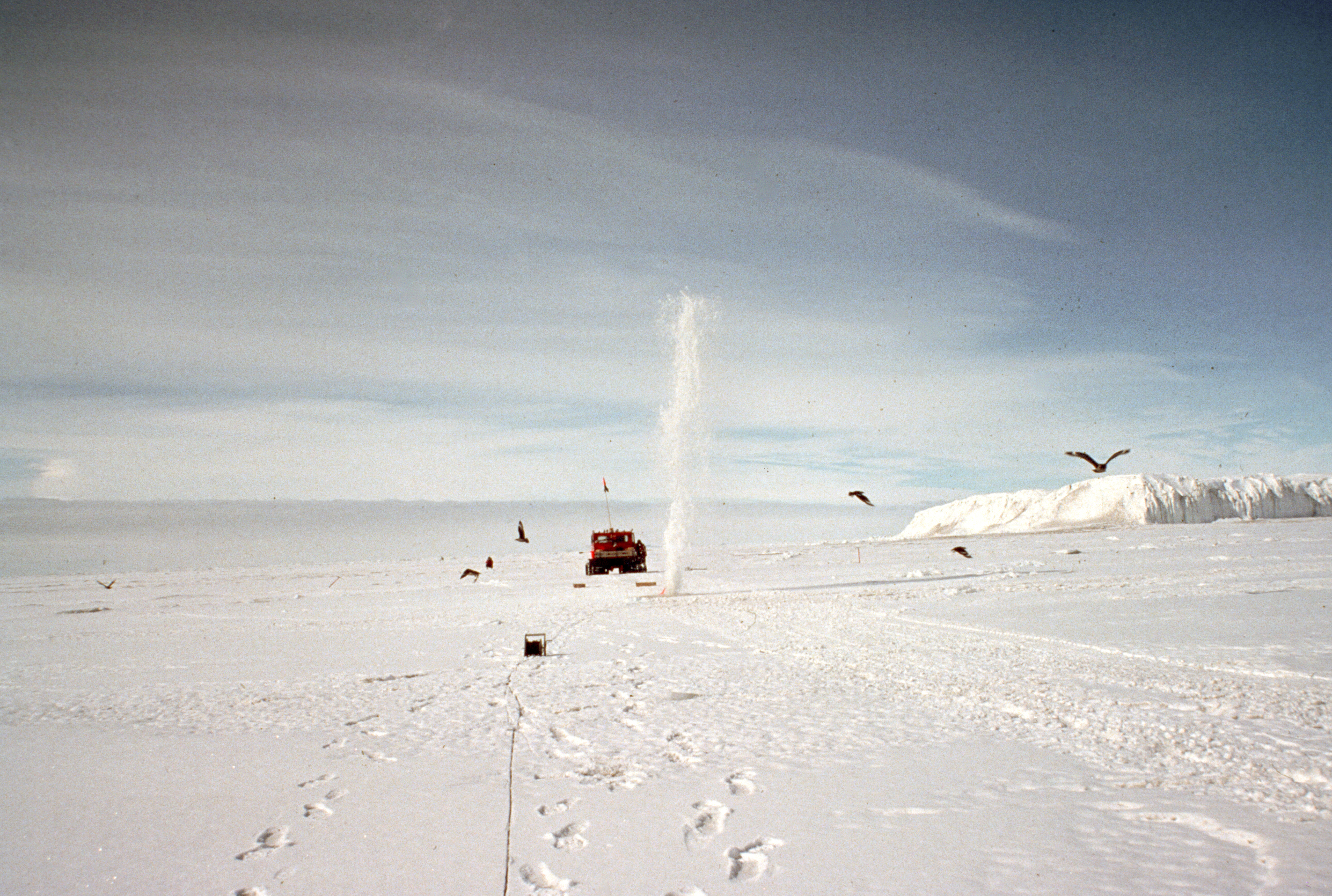 A plume of snow in the air.