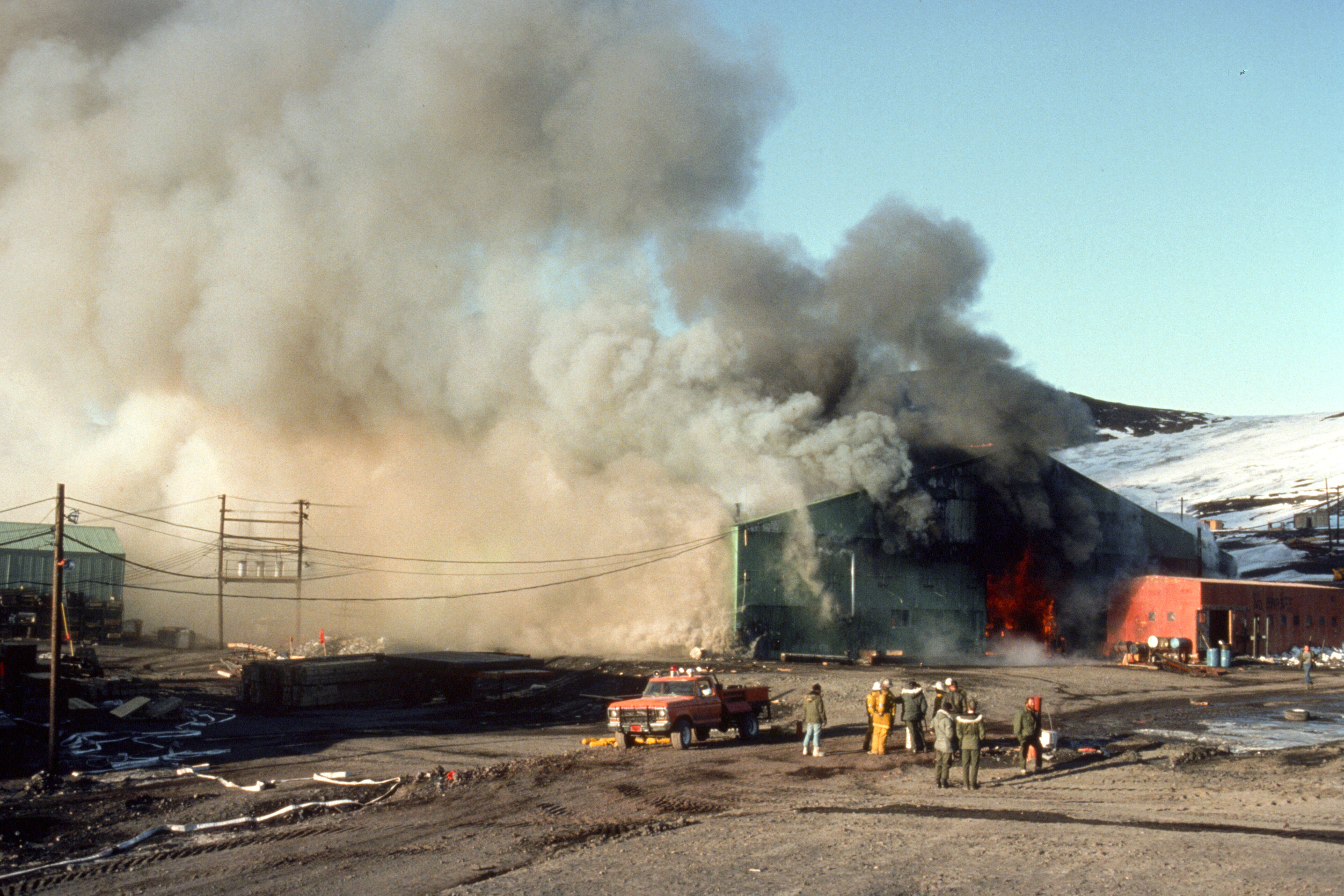 A large building on fire.