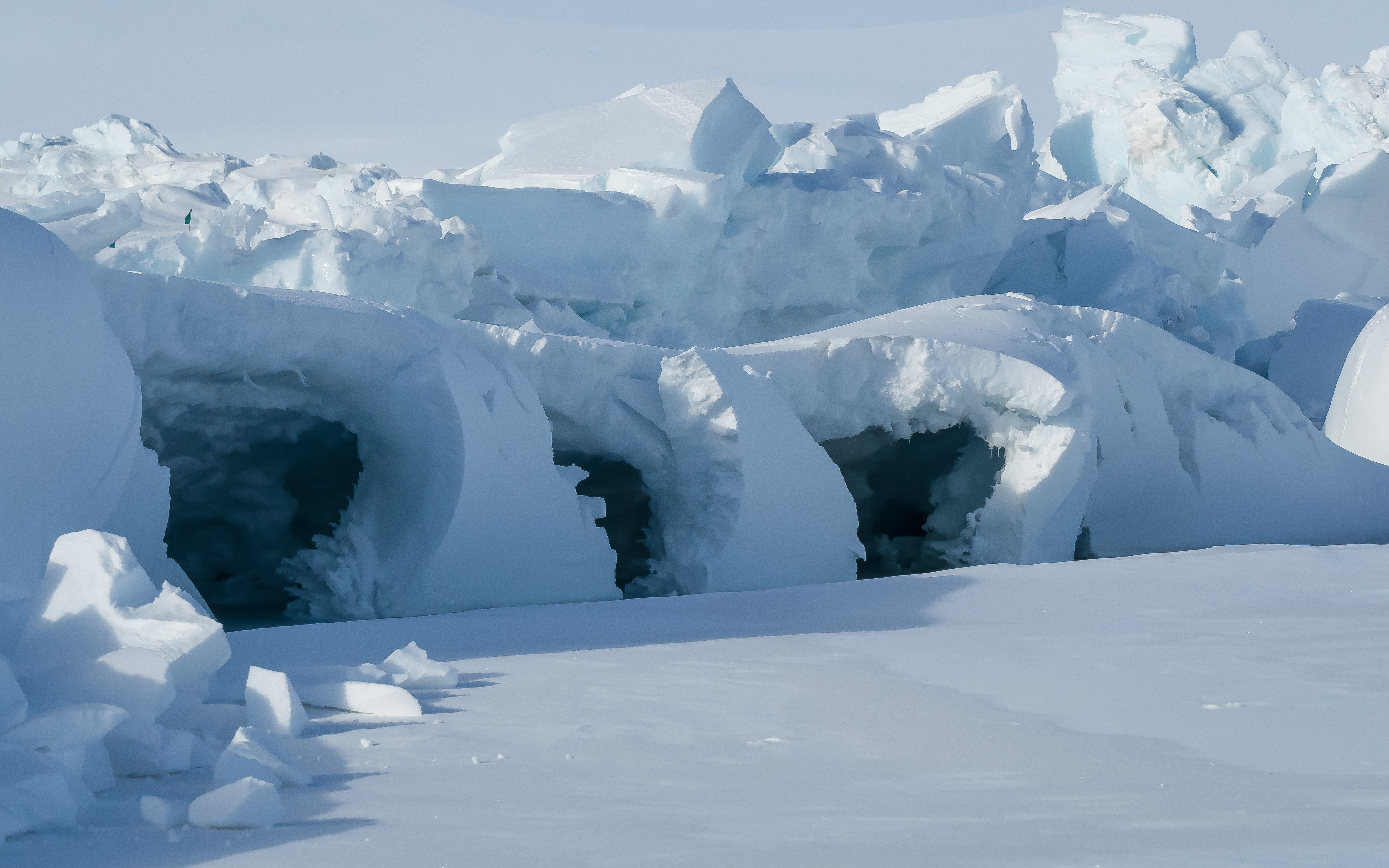 Jumbled ice forms caves and tunnels.