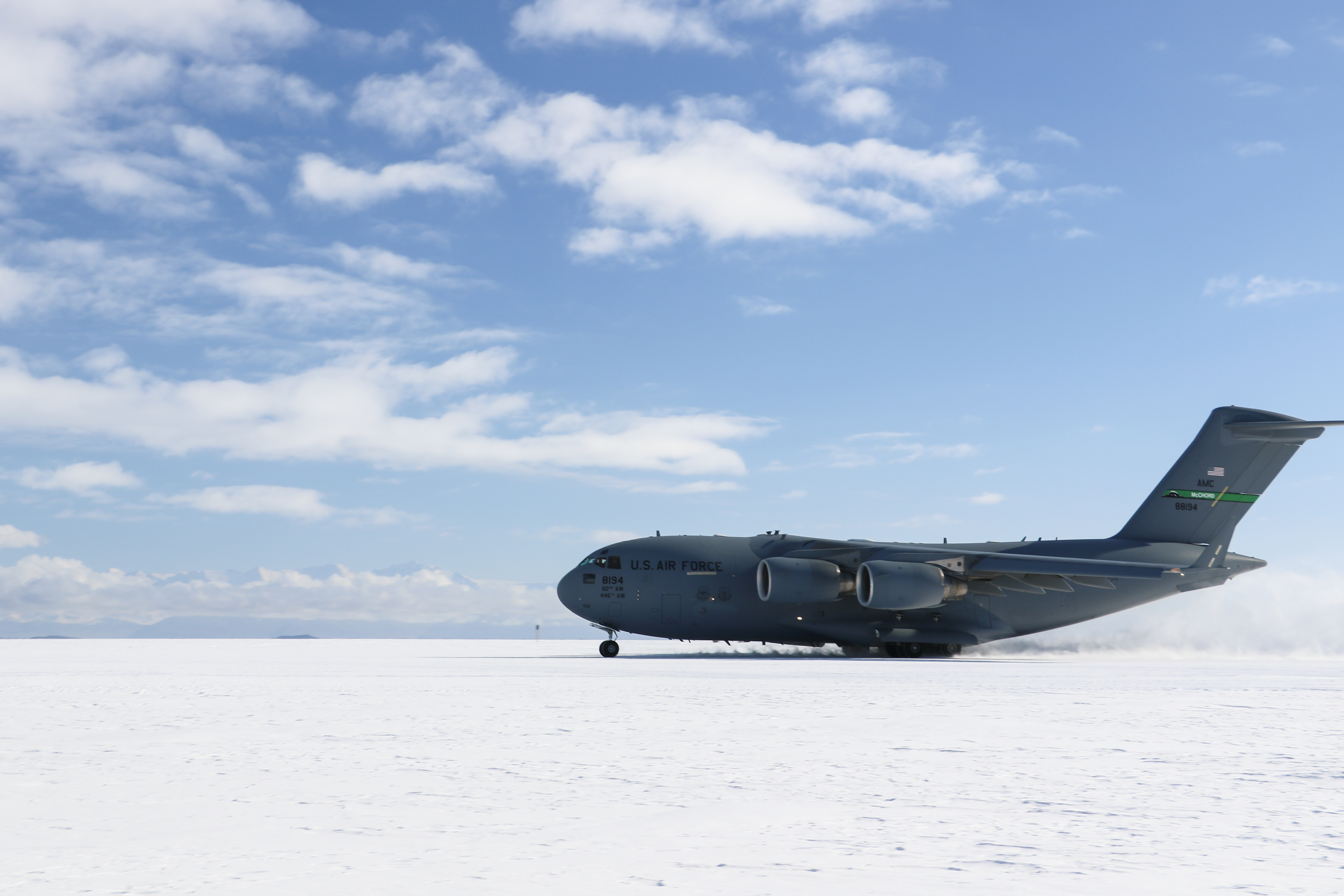 A jet landing on an ice runway.