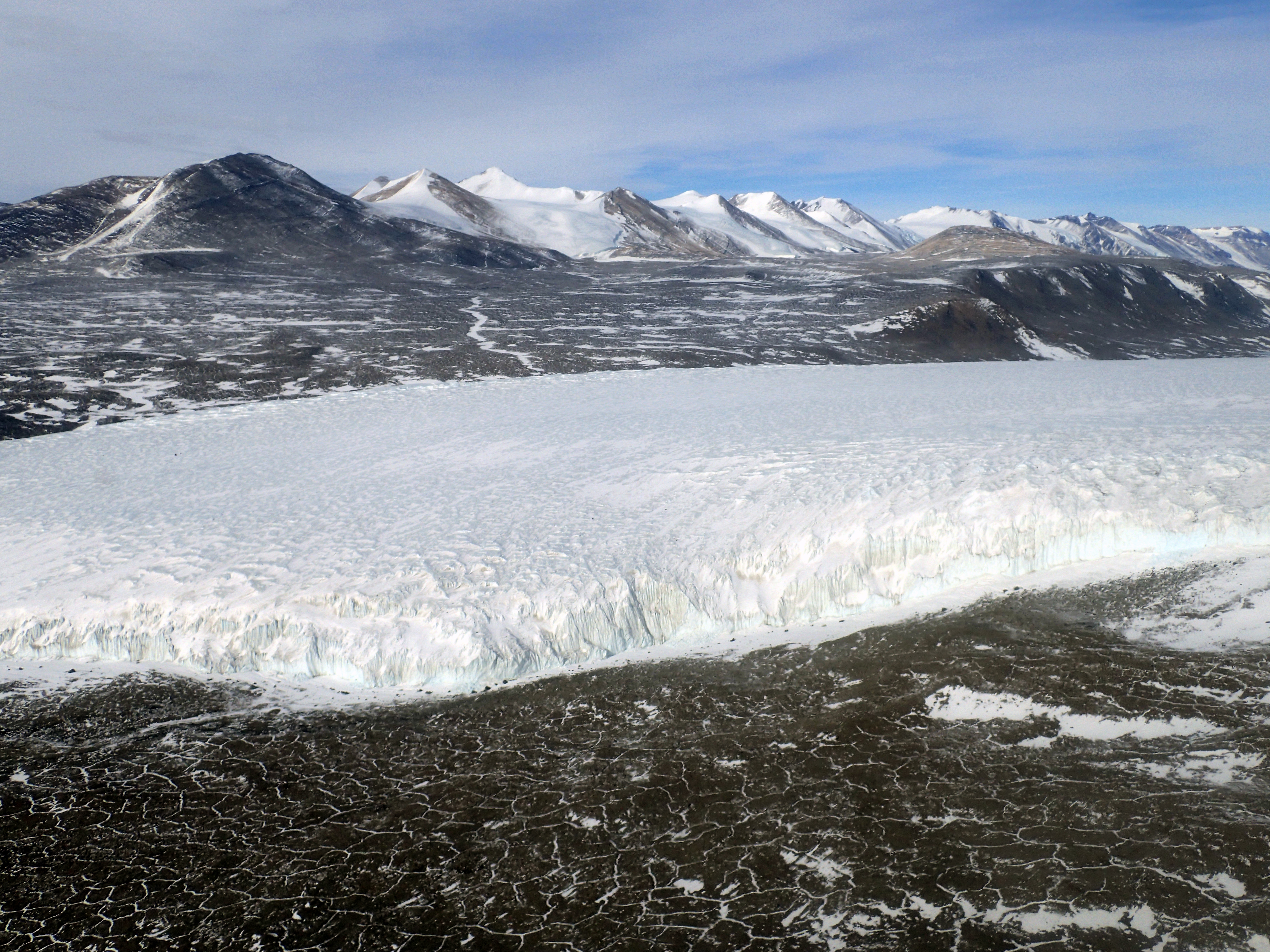 A glacier in a valley.