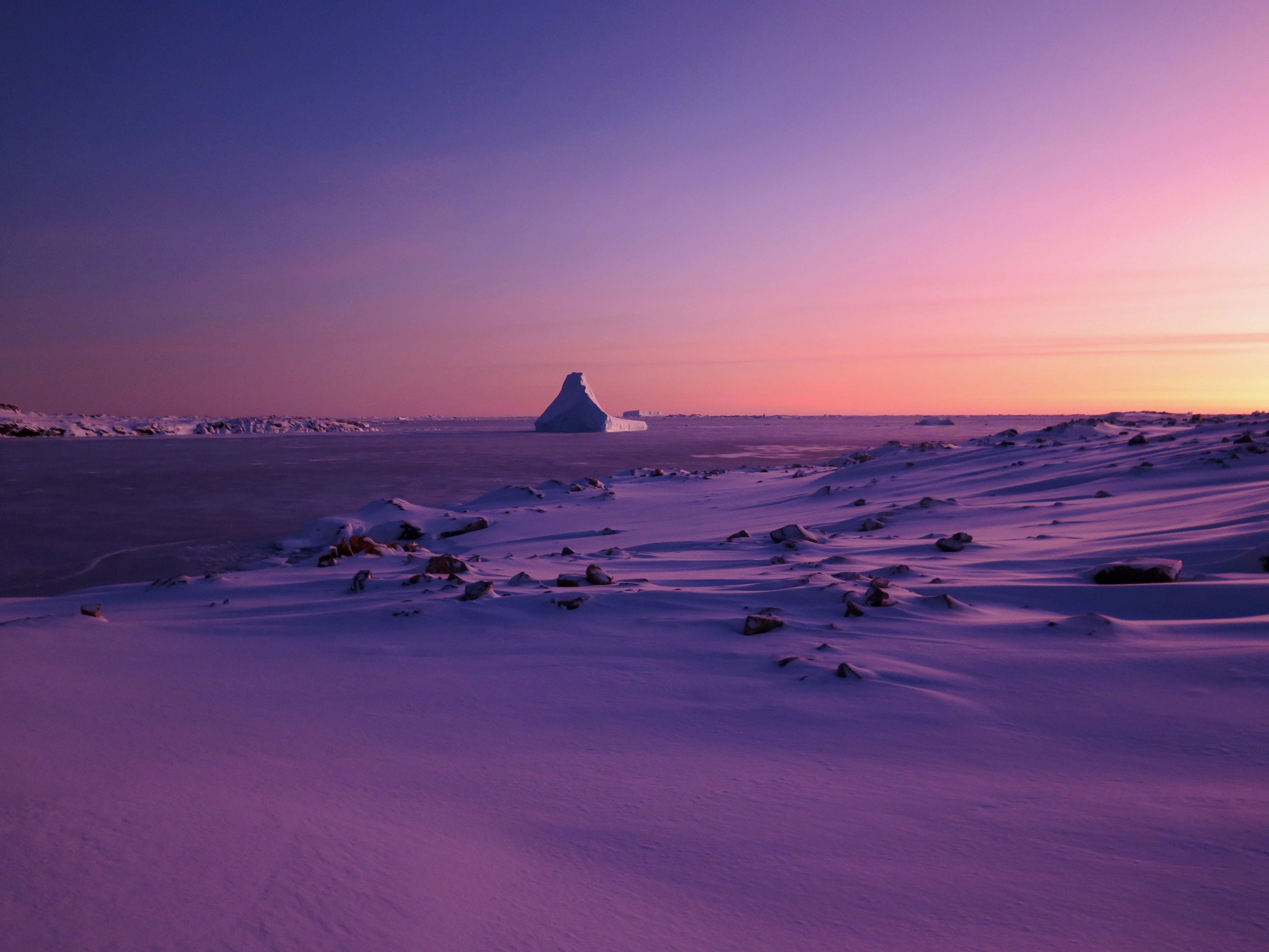 An iceberg in the pink glow of sunrise.