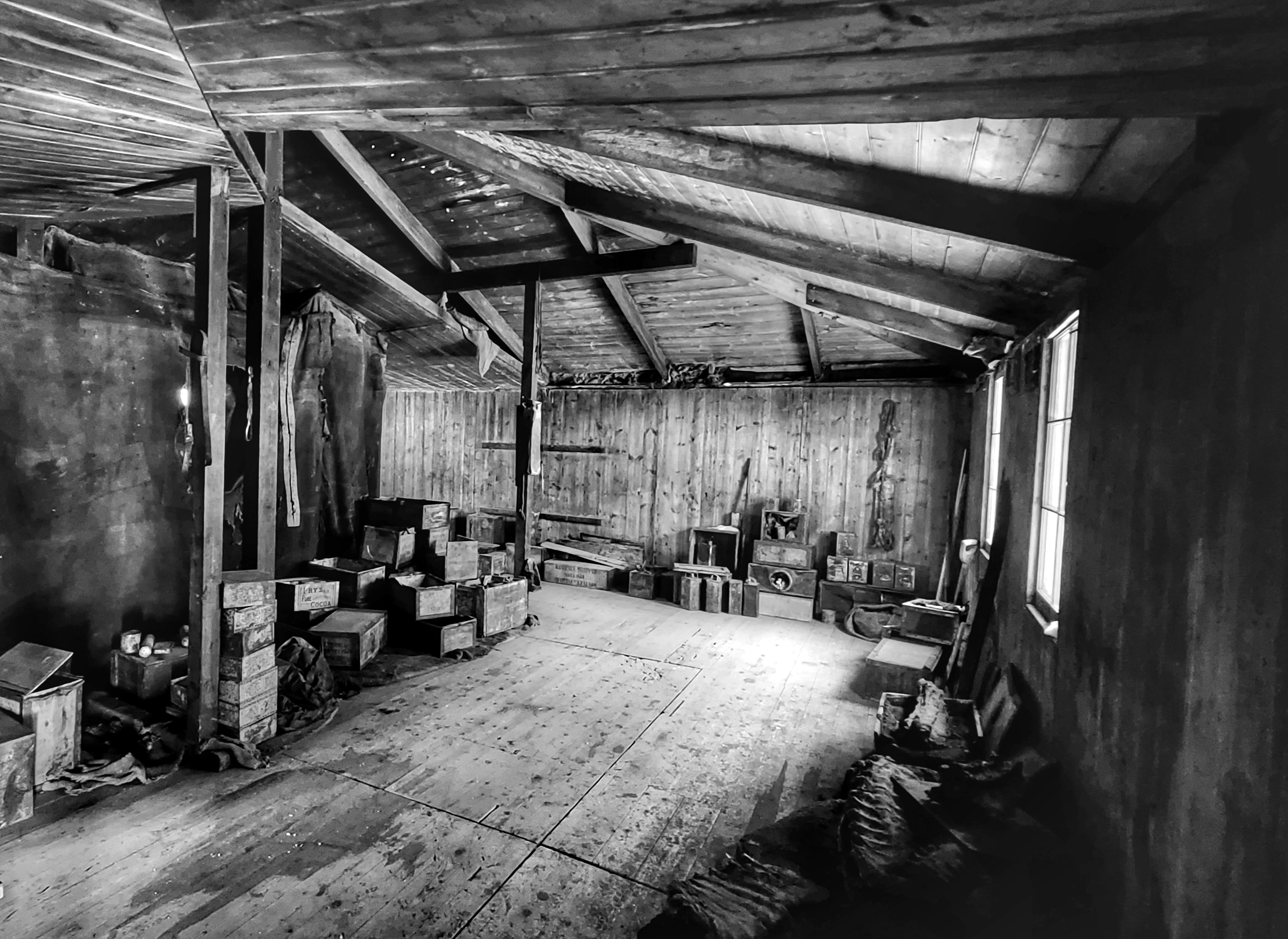Inside an old wooden hut.