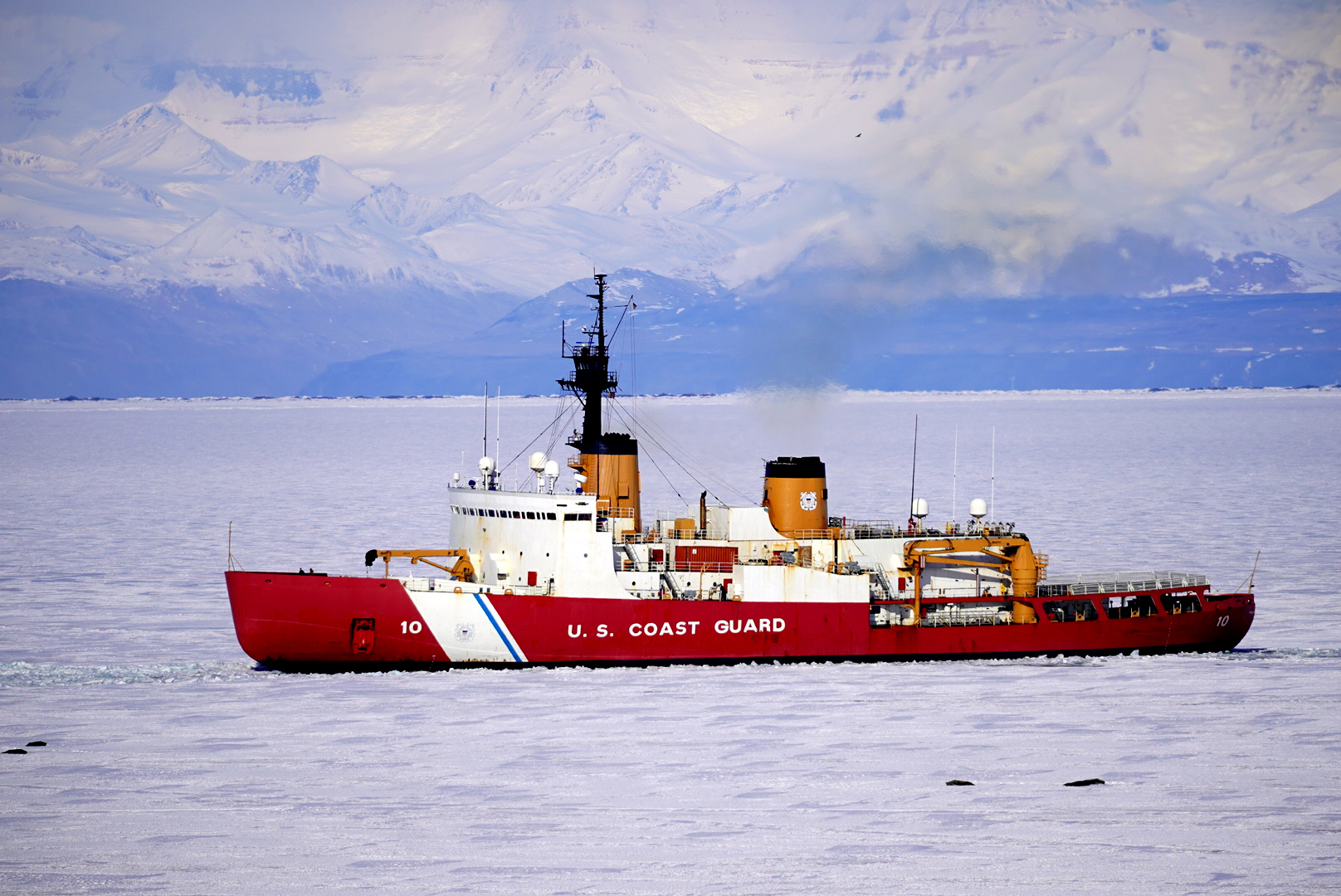 An icebreaker ship in the ocean.