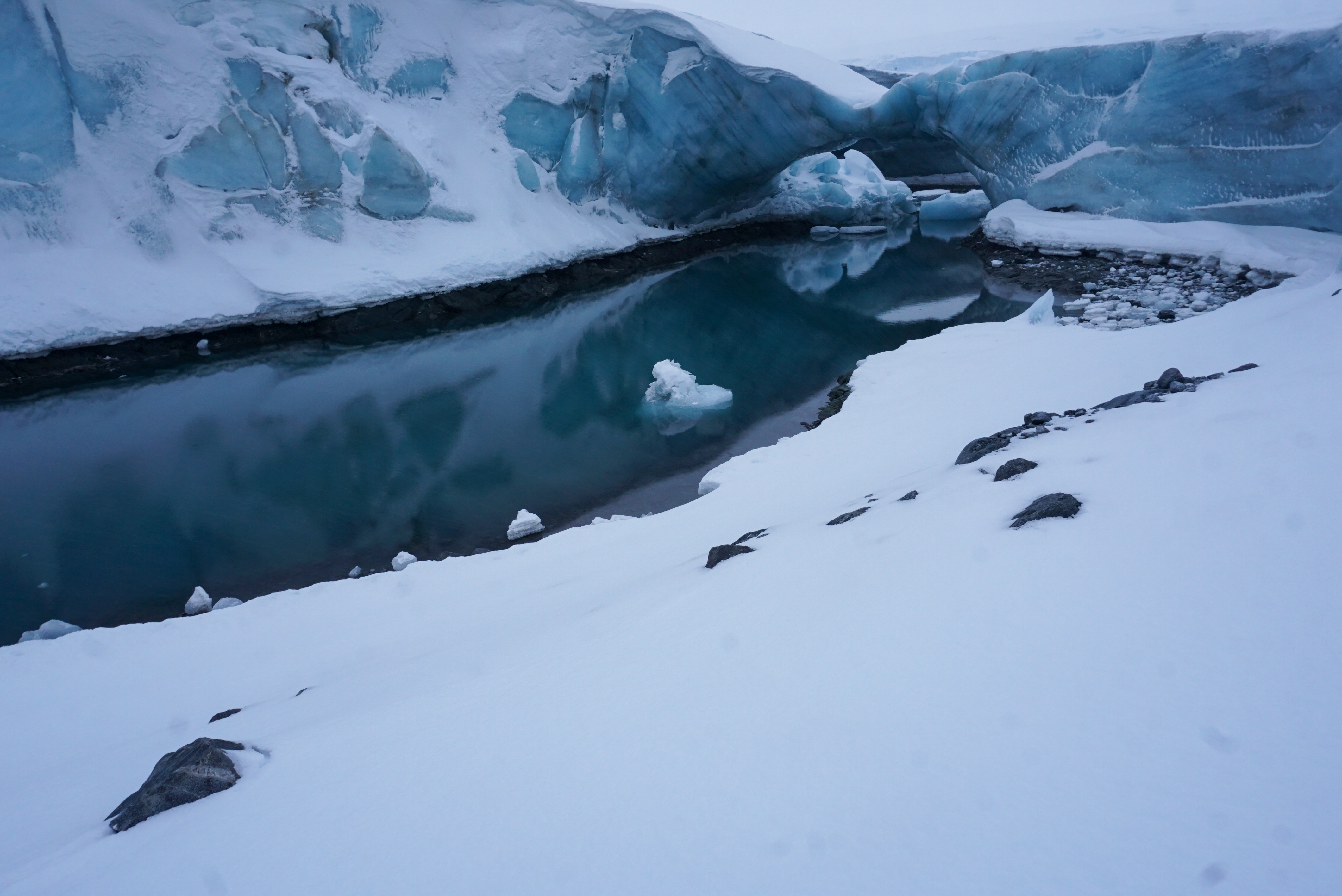 A rocky, icy shoreline with large blue and white ice cliffs on either side of the shore and an ice bridge connecting them. 