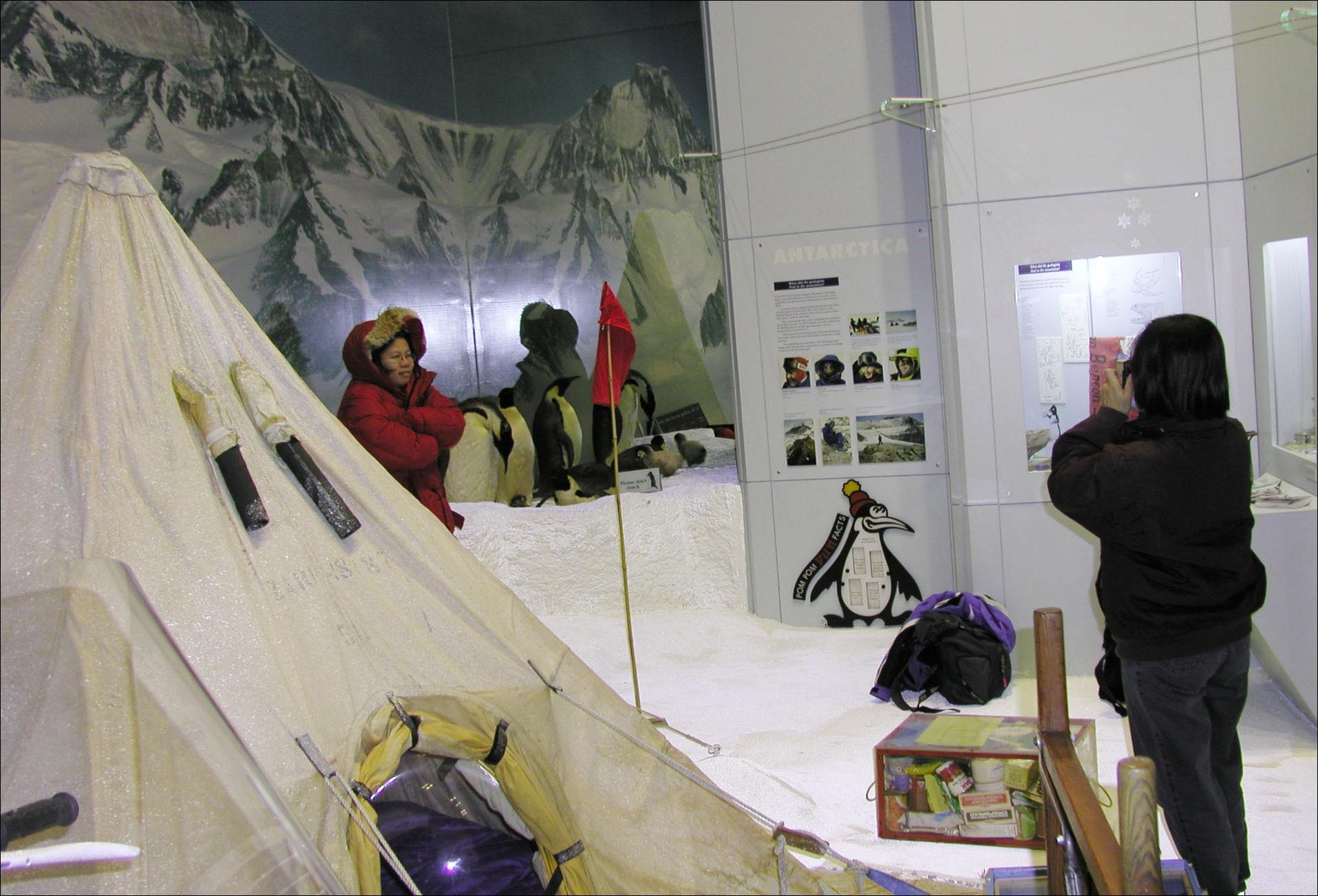 A person taking a photo of another while both are bundled up in an indoor moc-Antarctica with mountain murals, a tent and penguins.