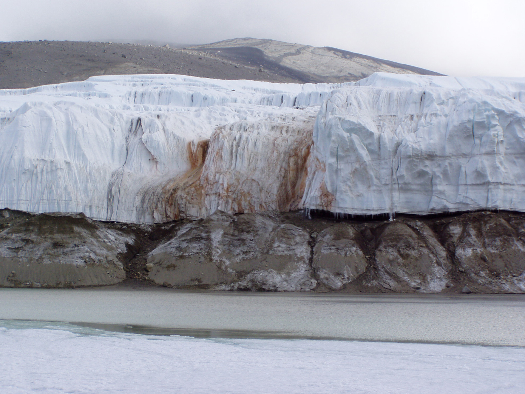 The front of a glacier has streaks of reddish color in it.