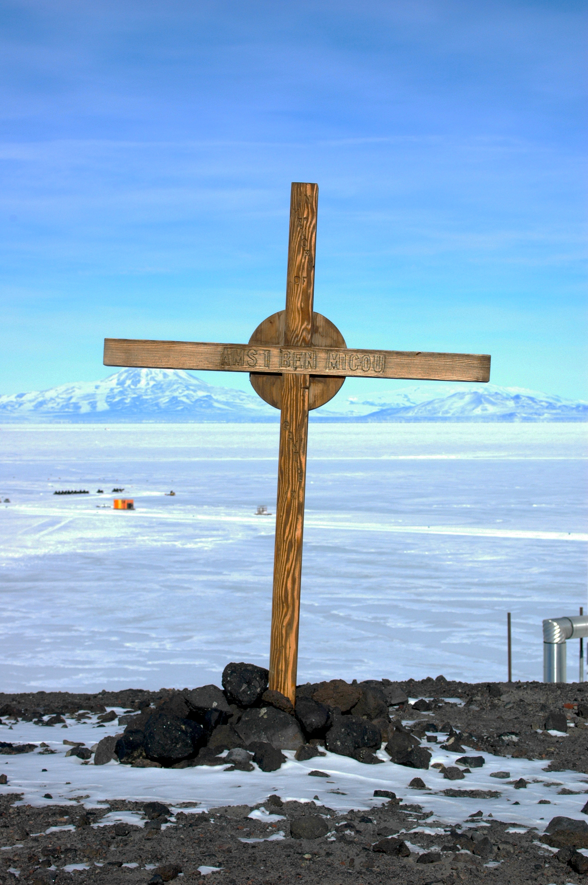 A wooden cross memorial.