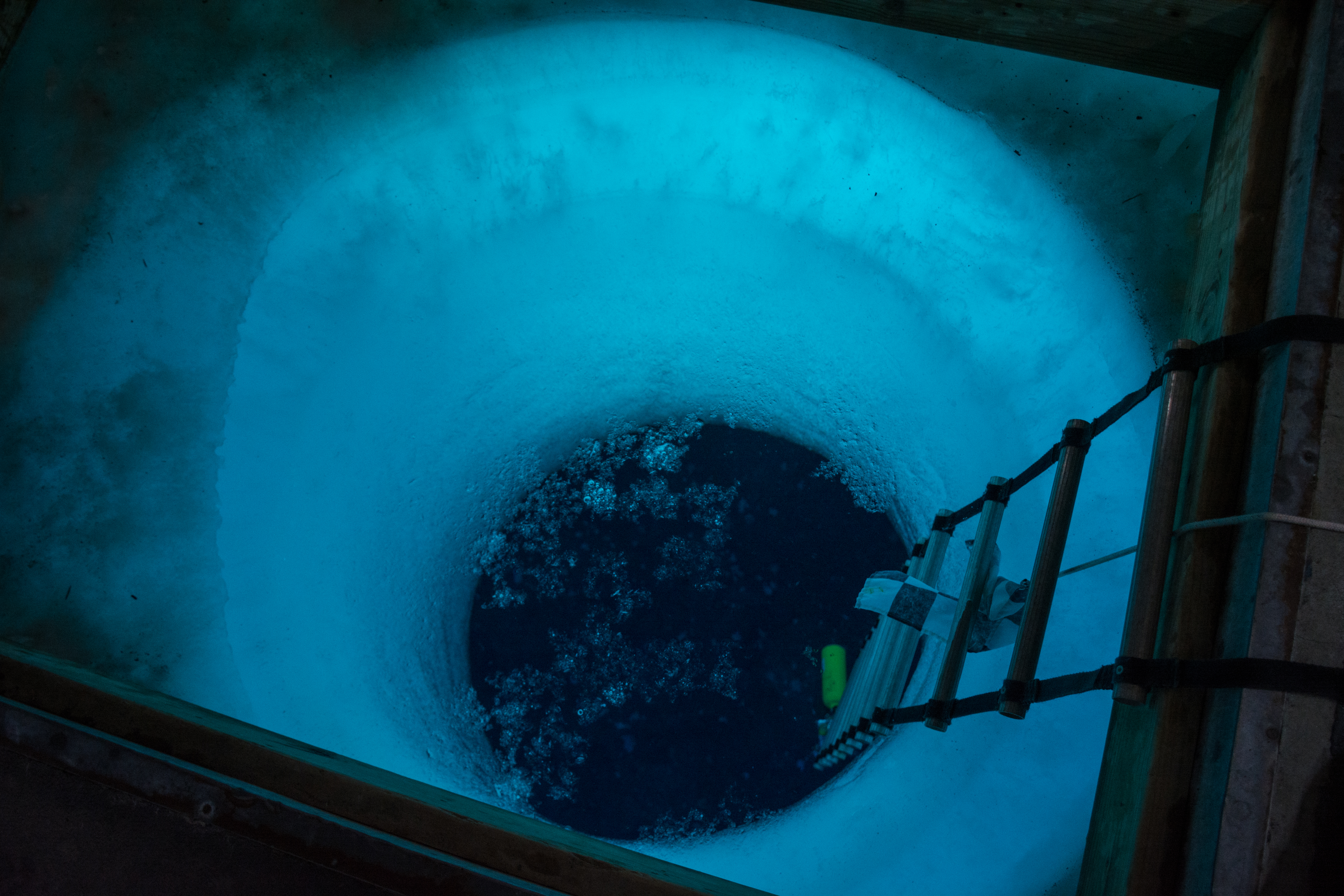 A ladder leads down a blue dive hole.