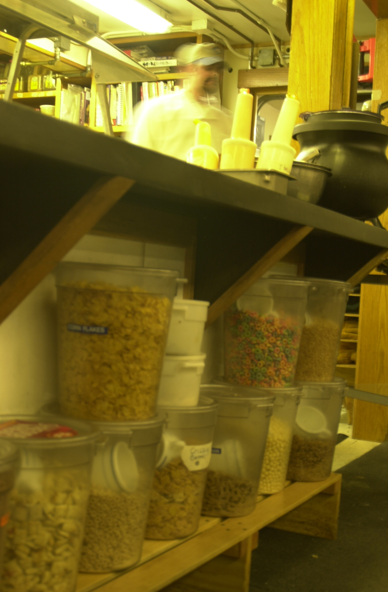 Containers with dry food sit on a shelf.