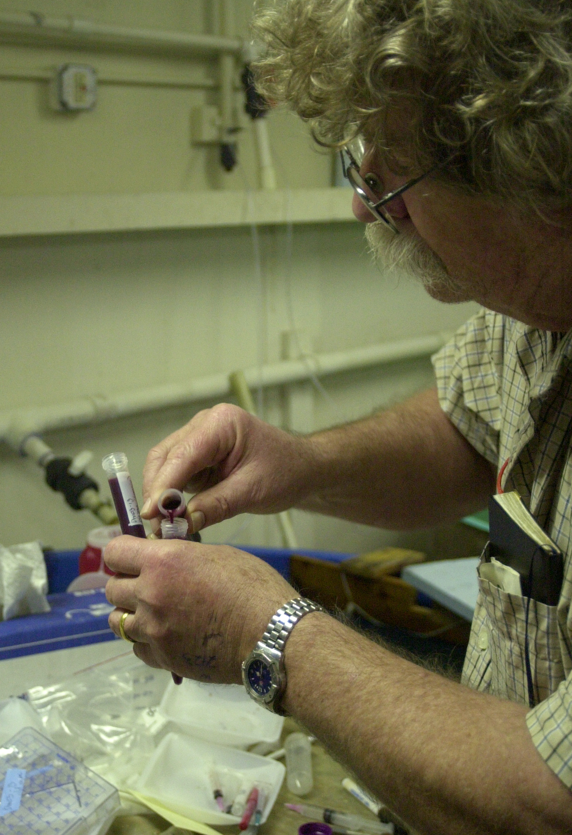 A man transfers fish blood from one to another.