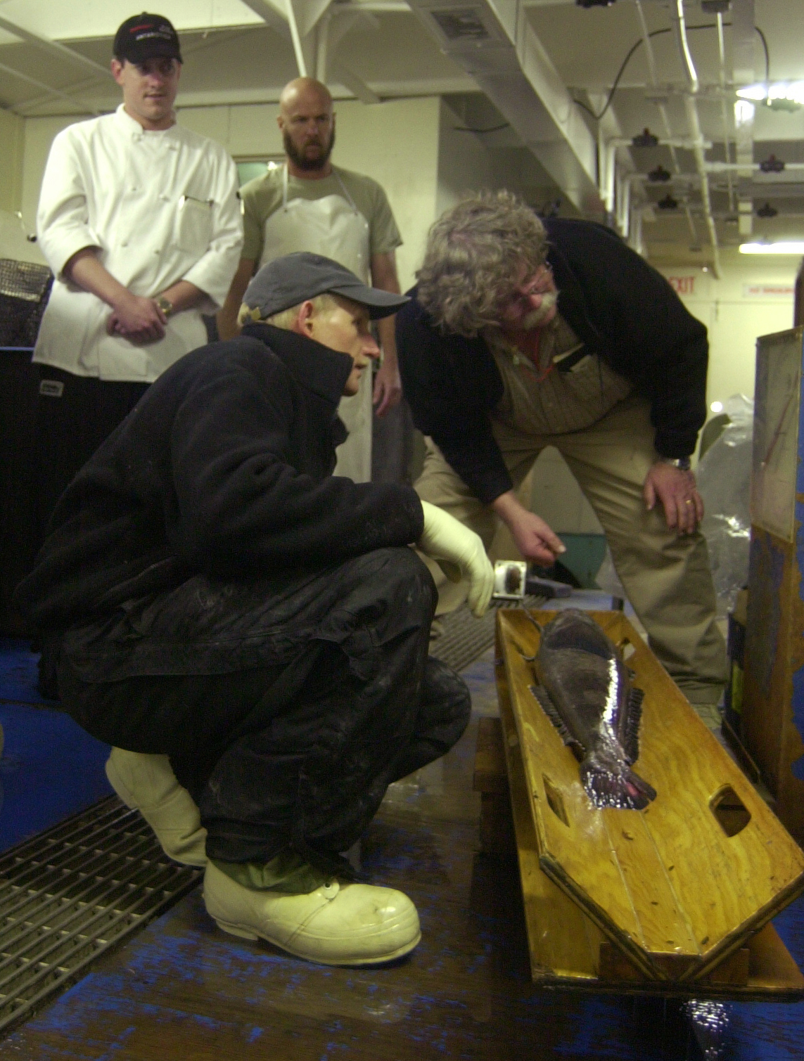 Two men weigh a fish while two others look on.