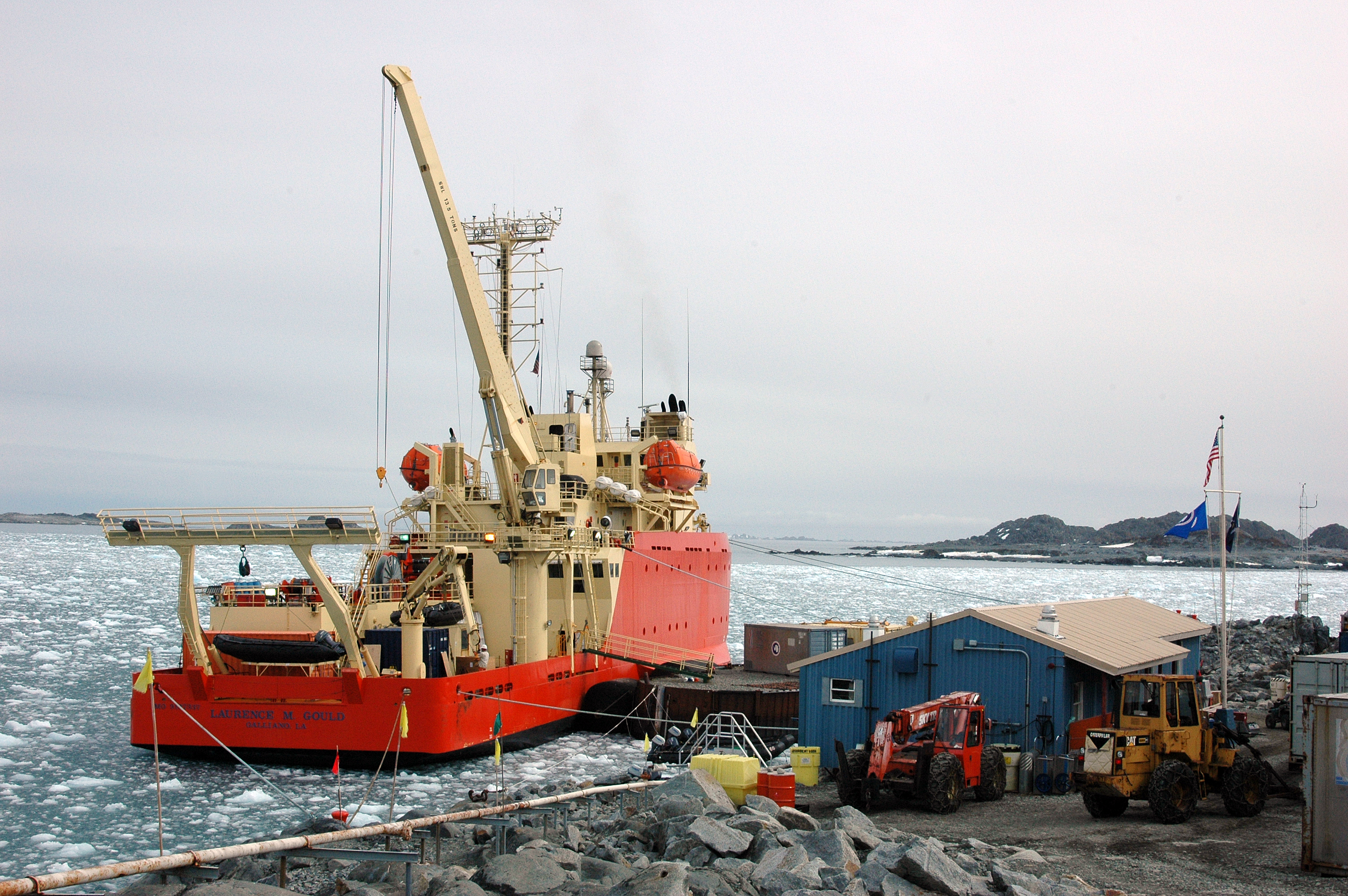 A ship docks at a U.S. research base in Antarctica.