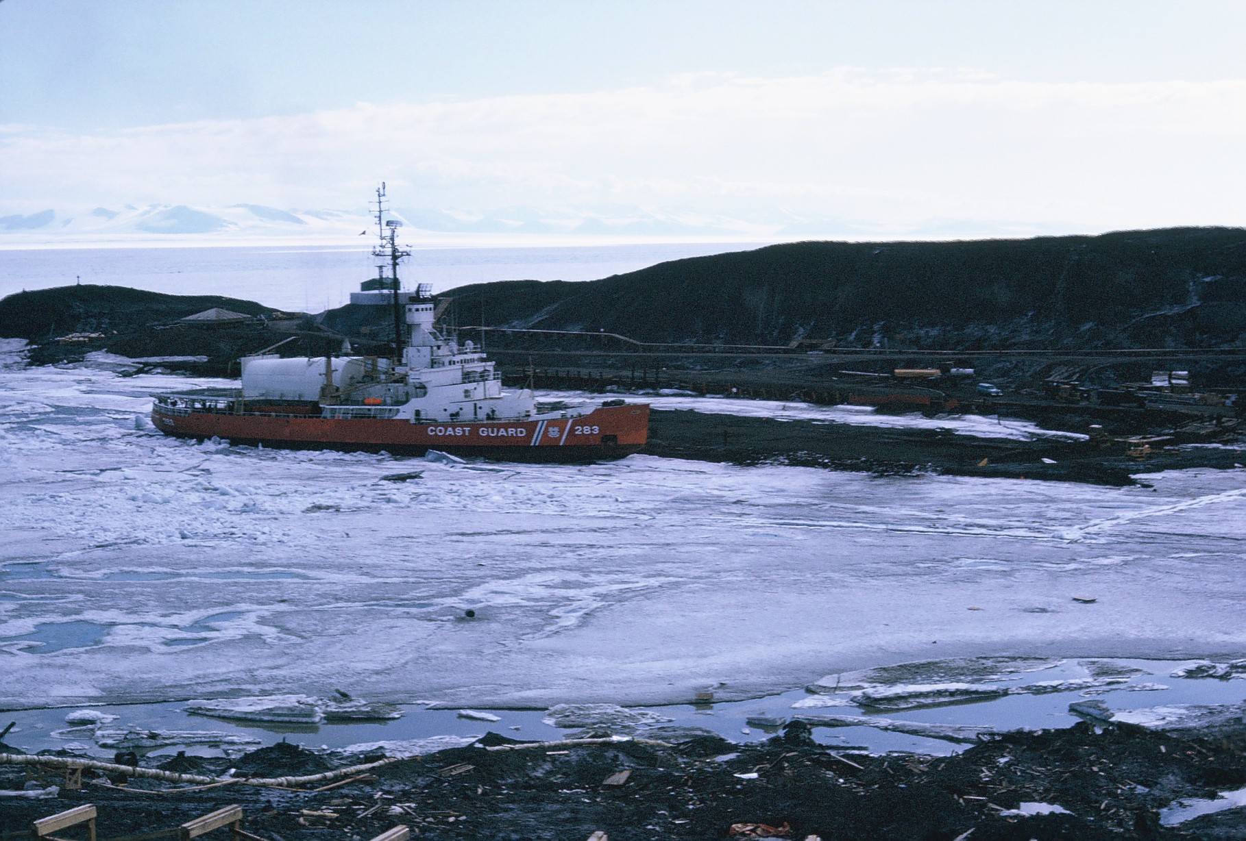 A ship in icy water.