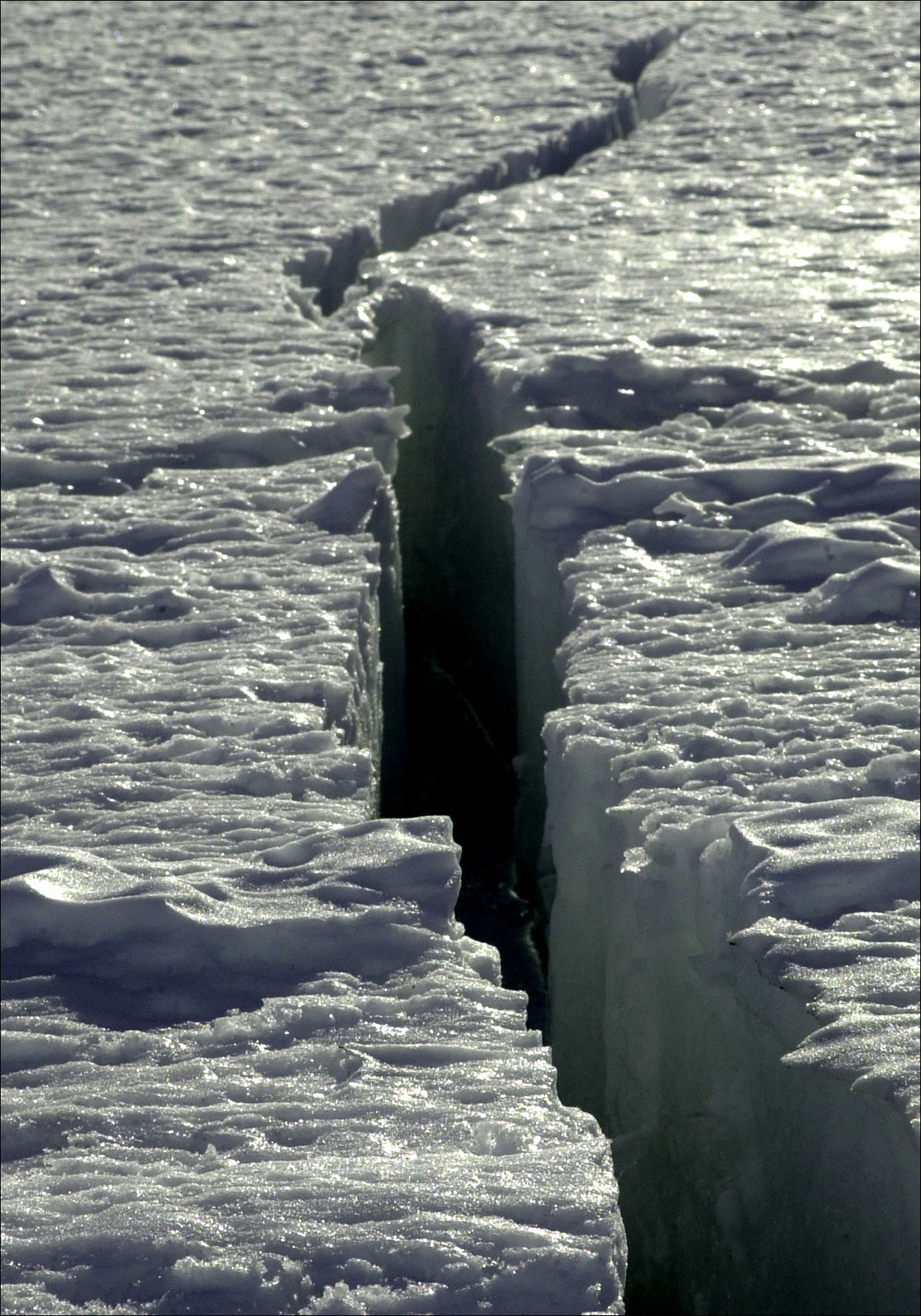 A close-up of a crack in the ice.