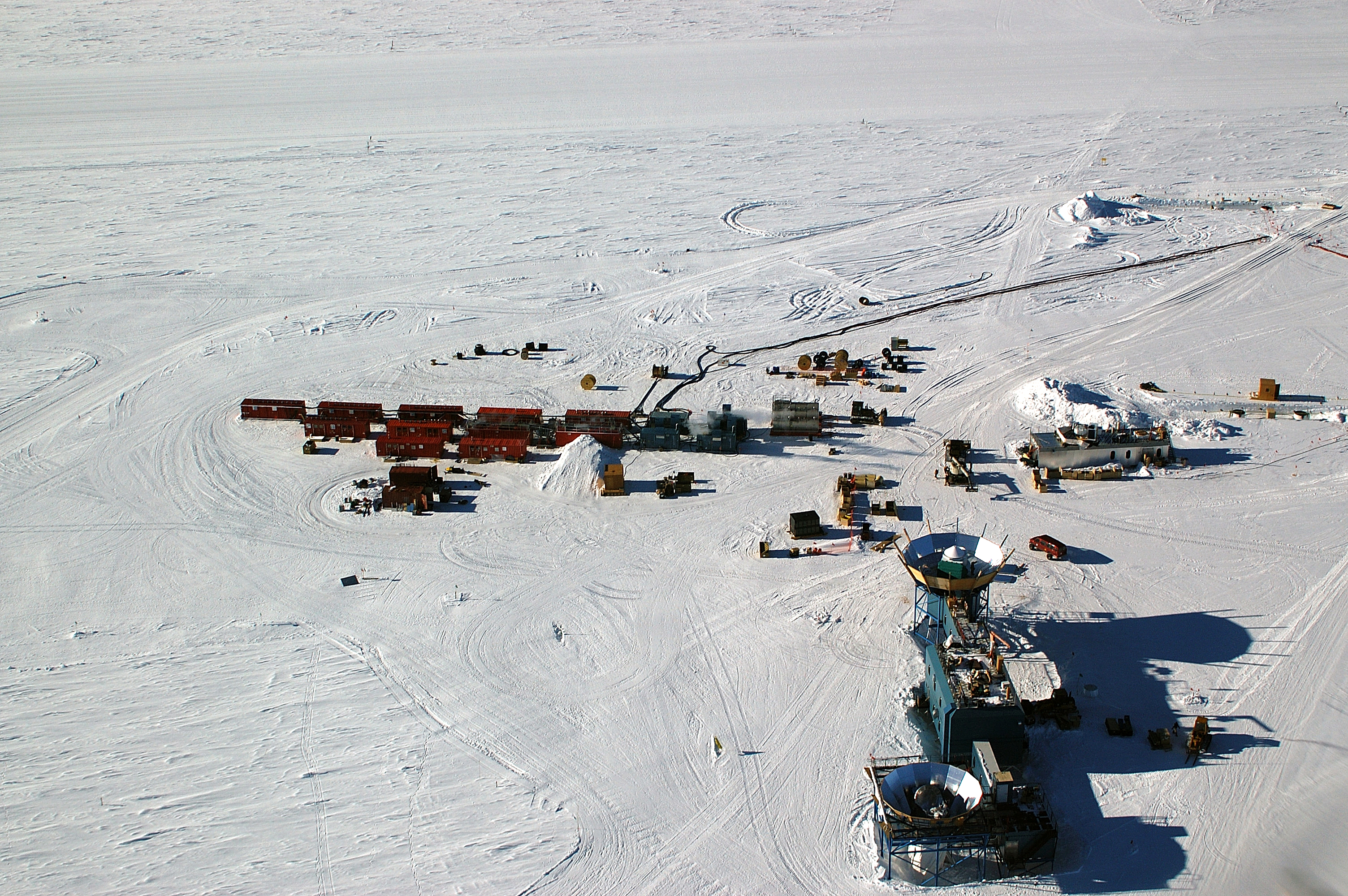 Aerial of buildings on snow.