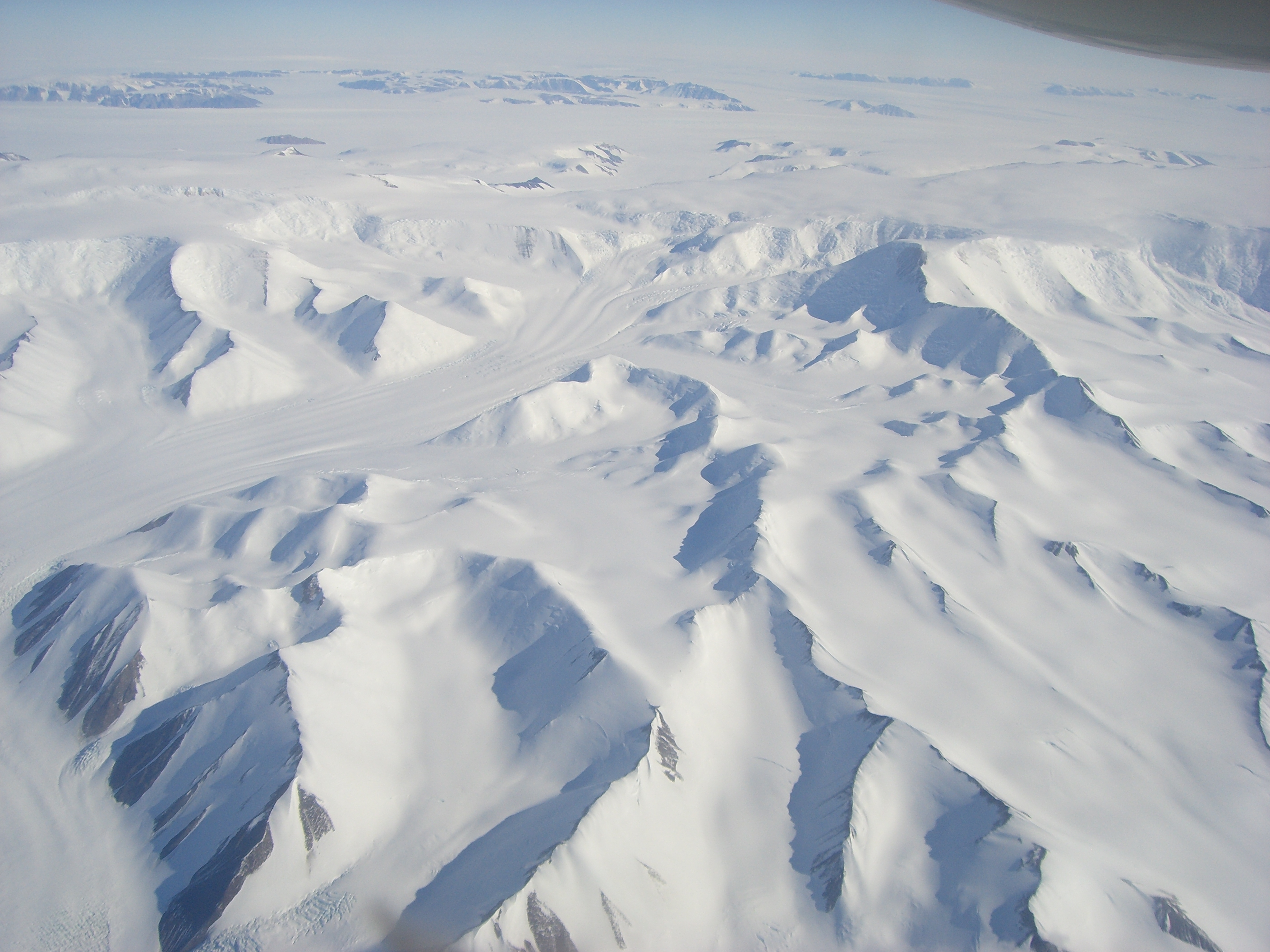 Aerial view of mountains and glaciers.