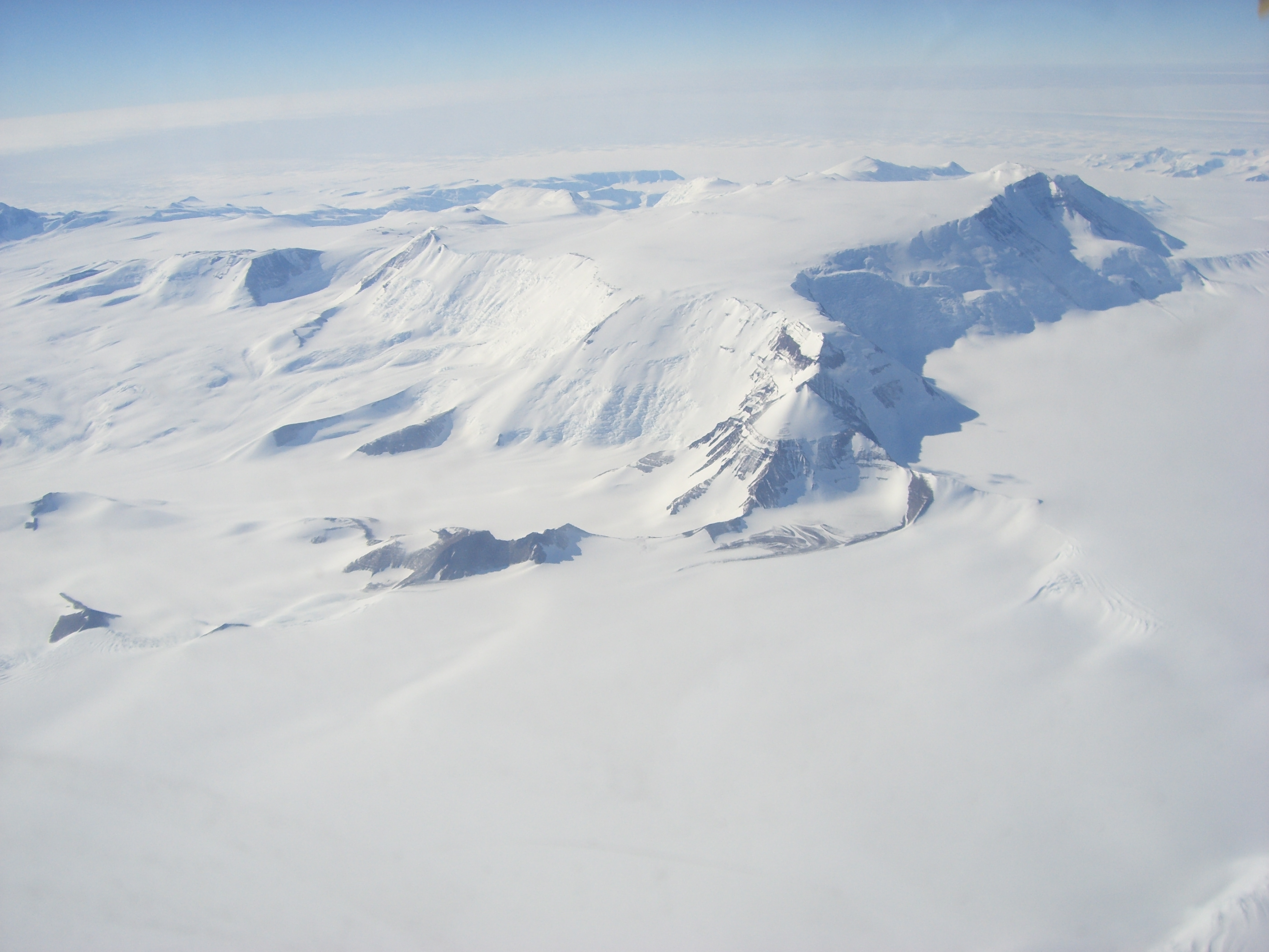 Aerial view of mountains and glaciers.