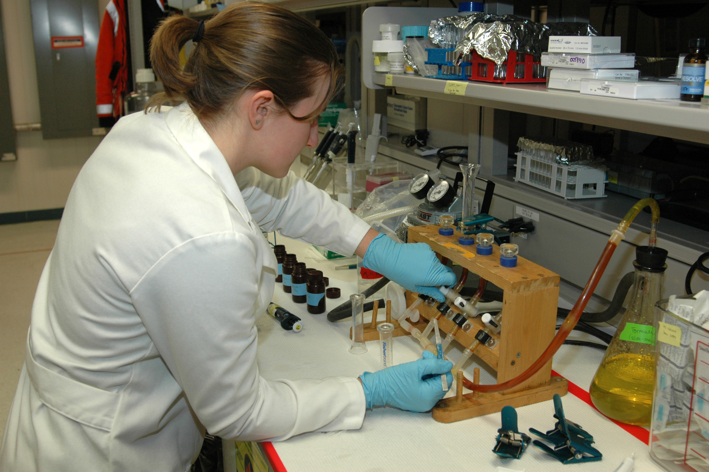 Woman works in a laboratory.