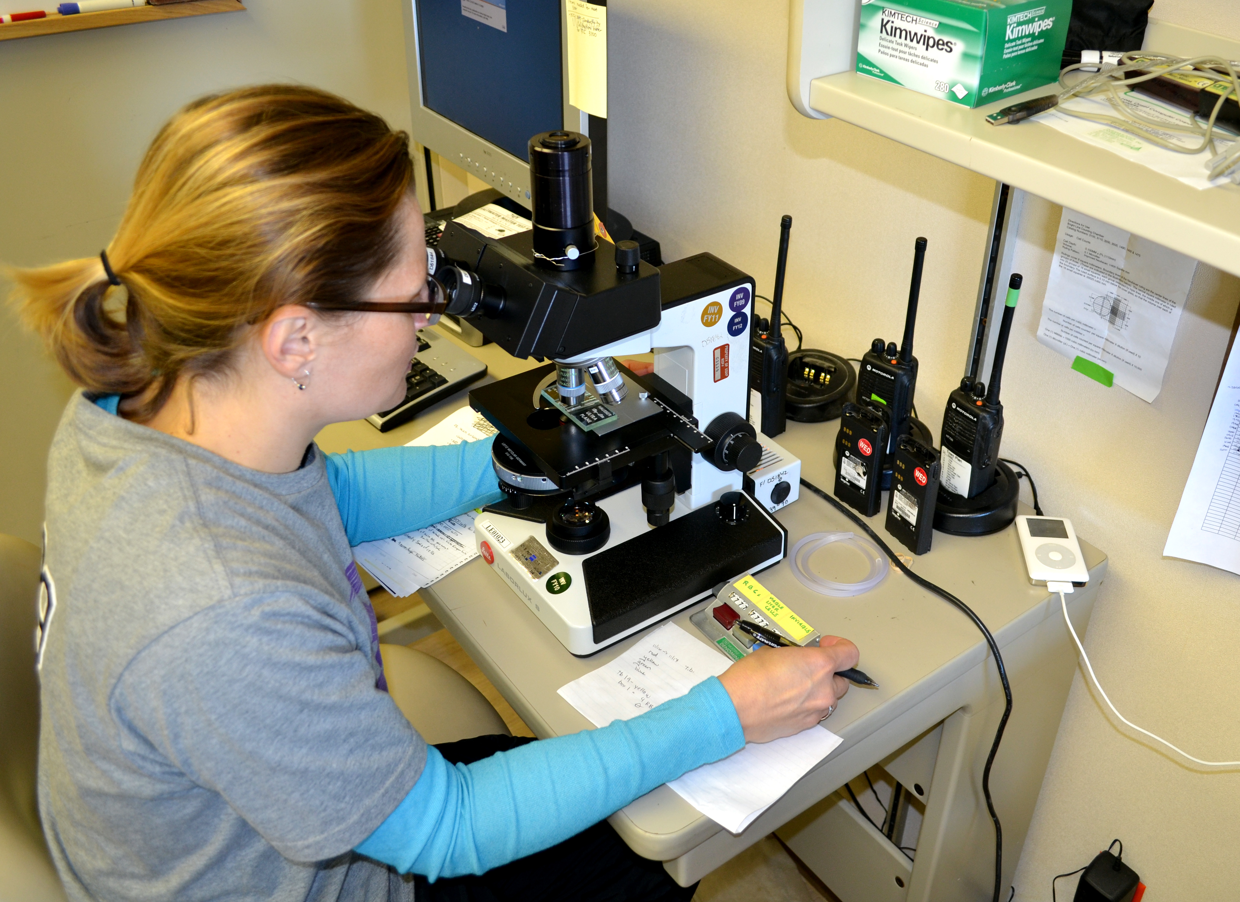 A woman looks into a microscope.