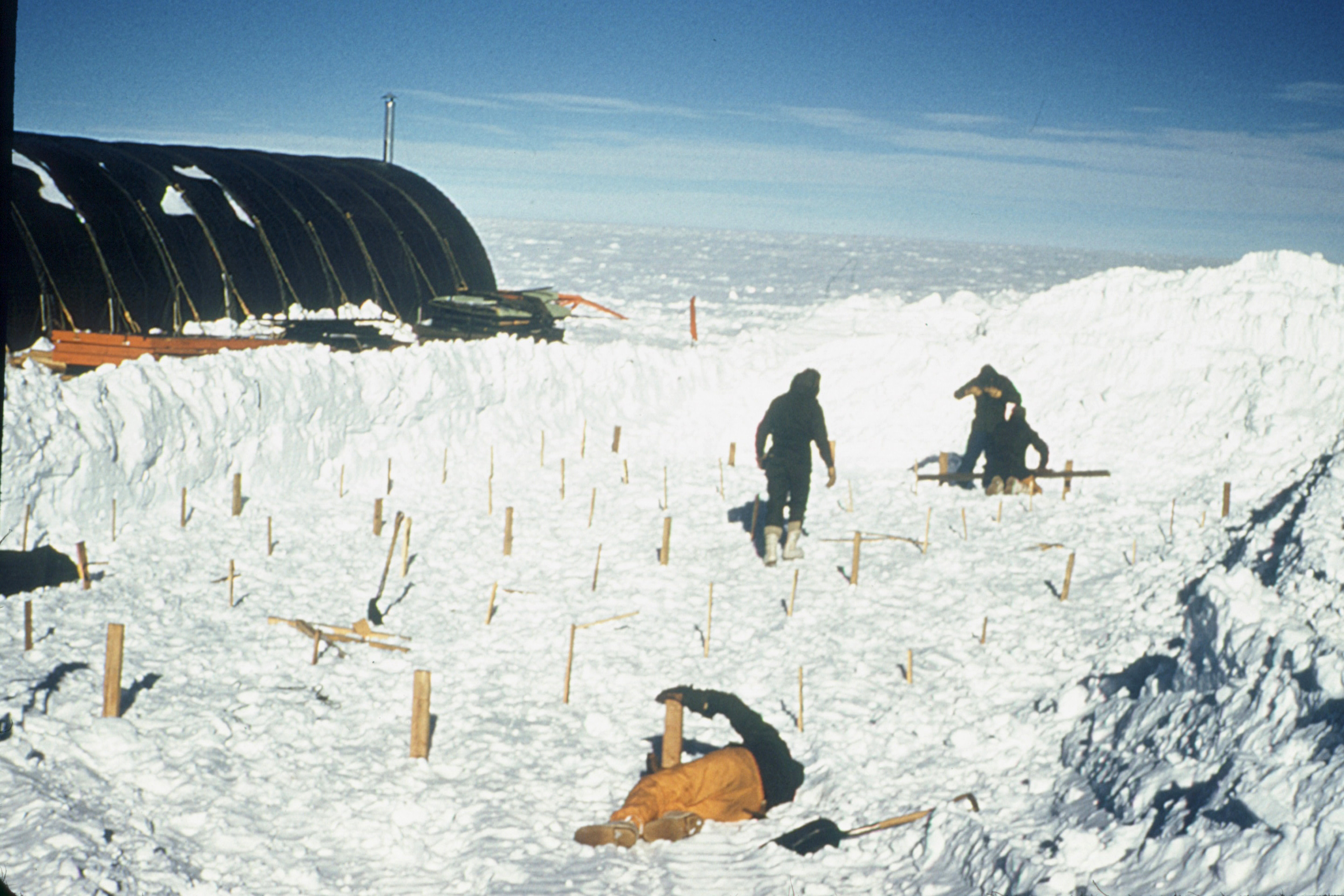 People place stakes in the snow.