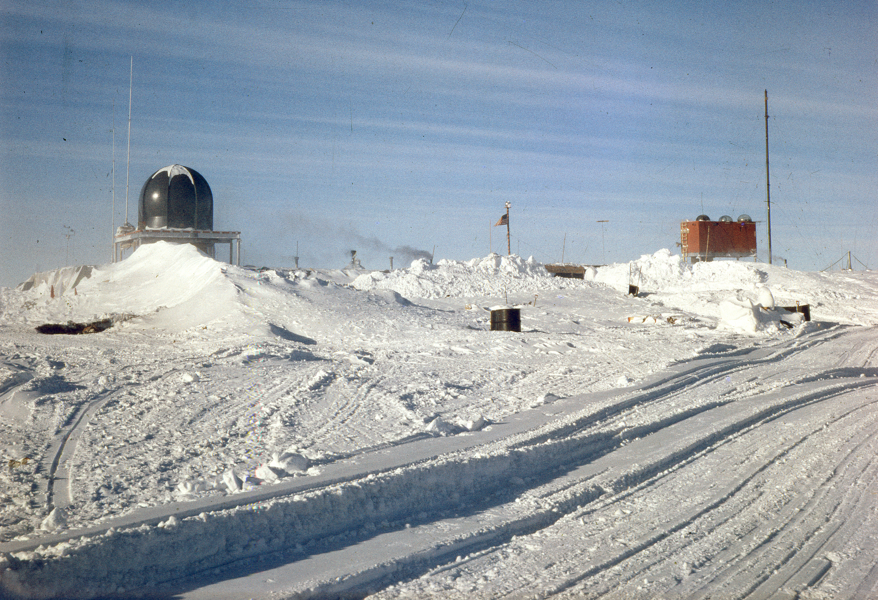 Buildings in snow.