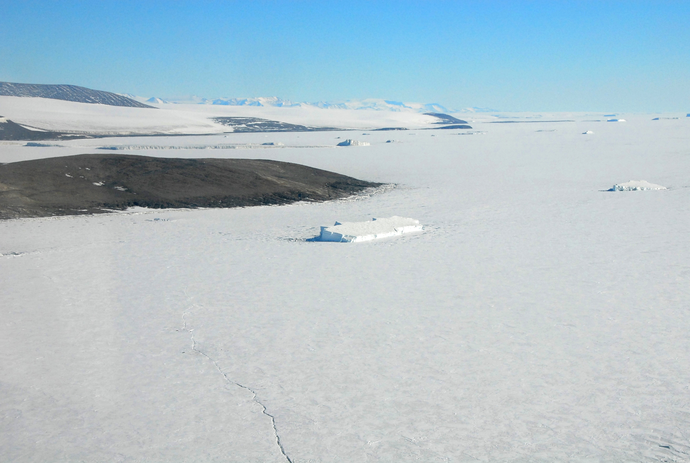 Icebergs frozen in a frozen ocean.