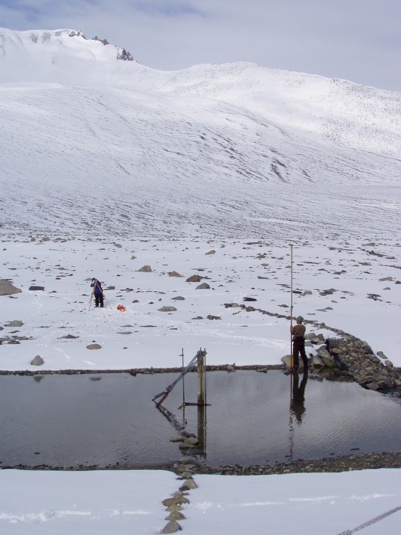 People use surveying equipment in a mountain valley.