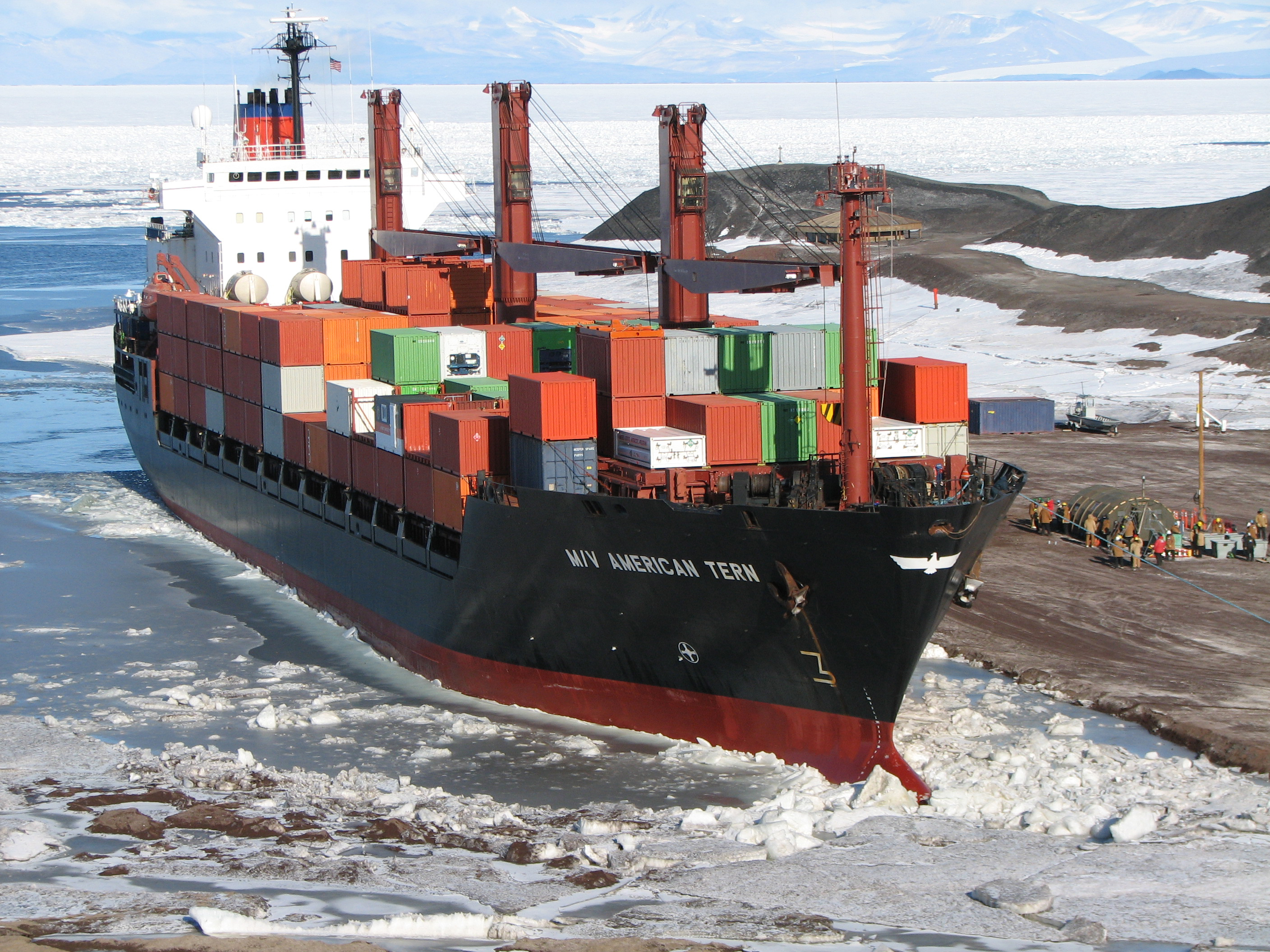 A ship in icy water.