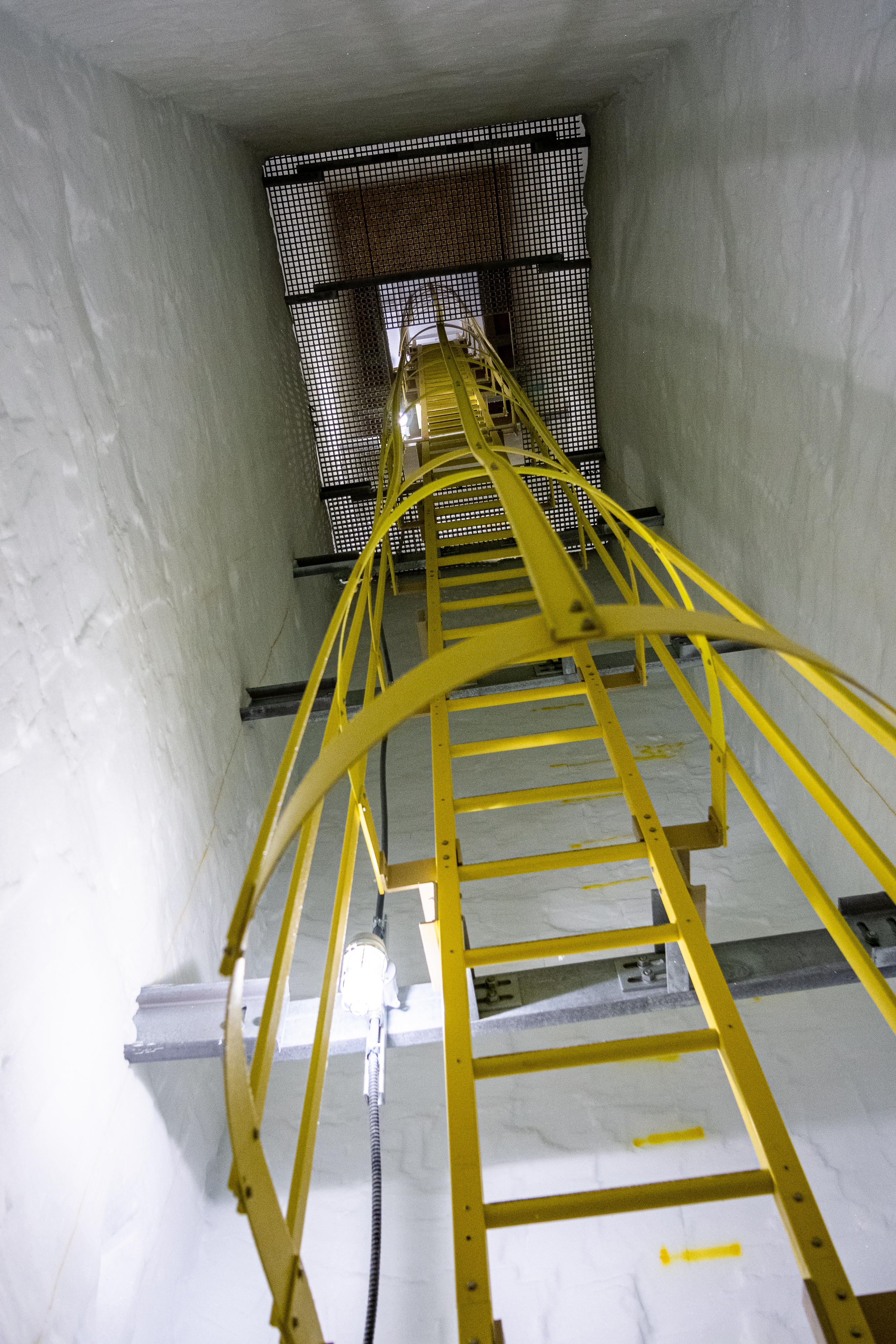 A ladder leads up a frozen shaft.