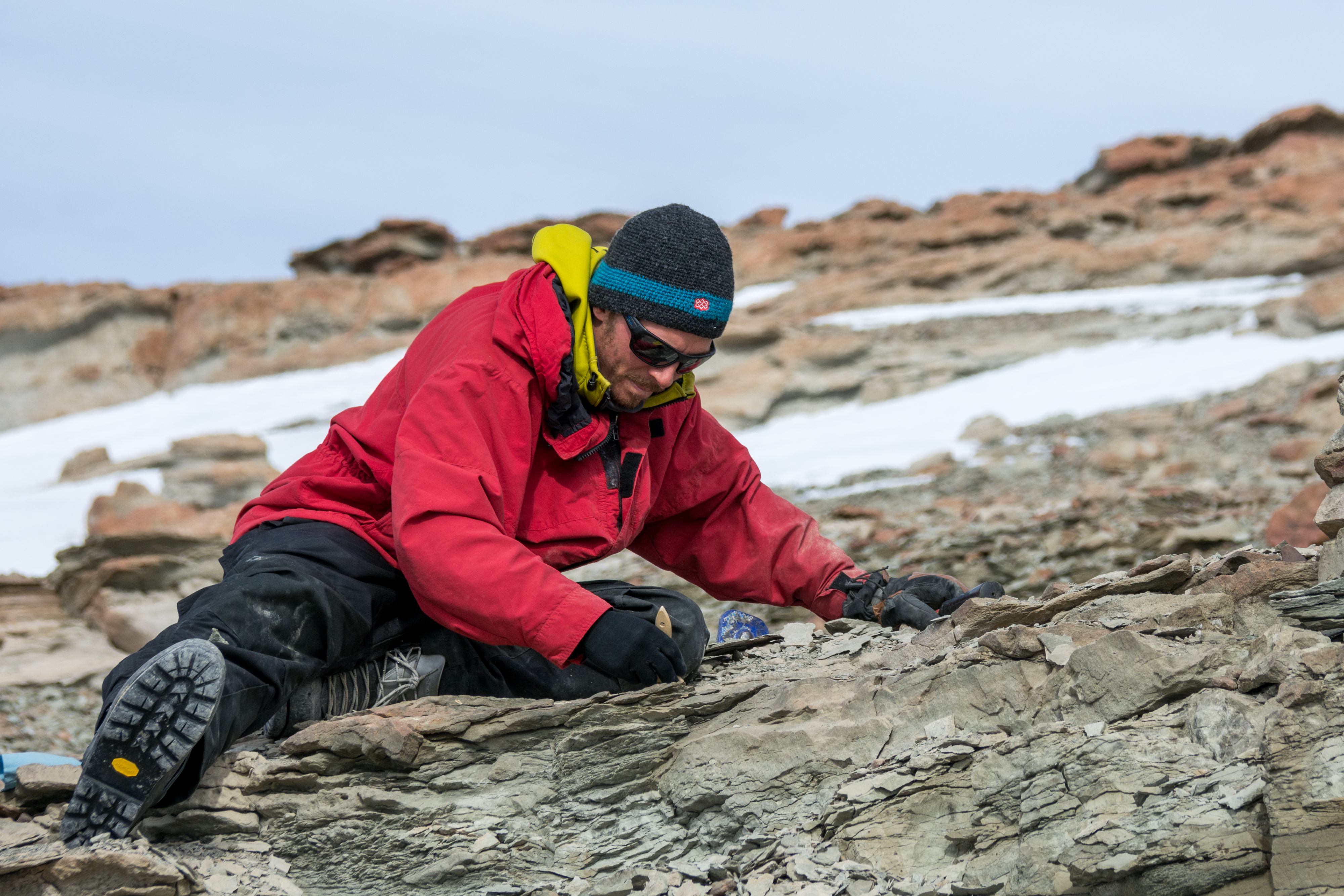 A scientist brushes away debris from a rock on a hillside. 