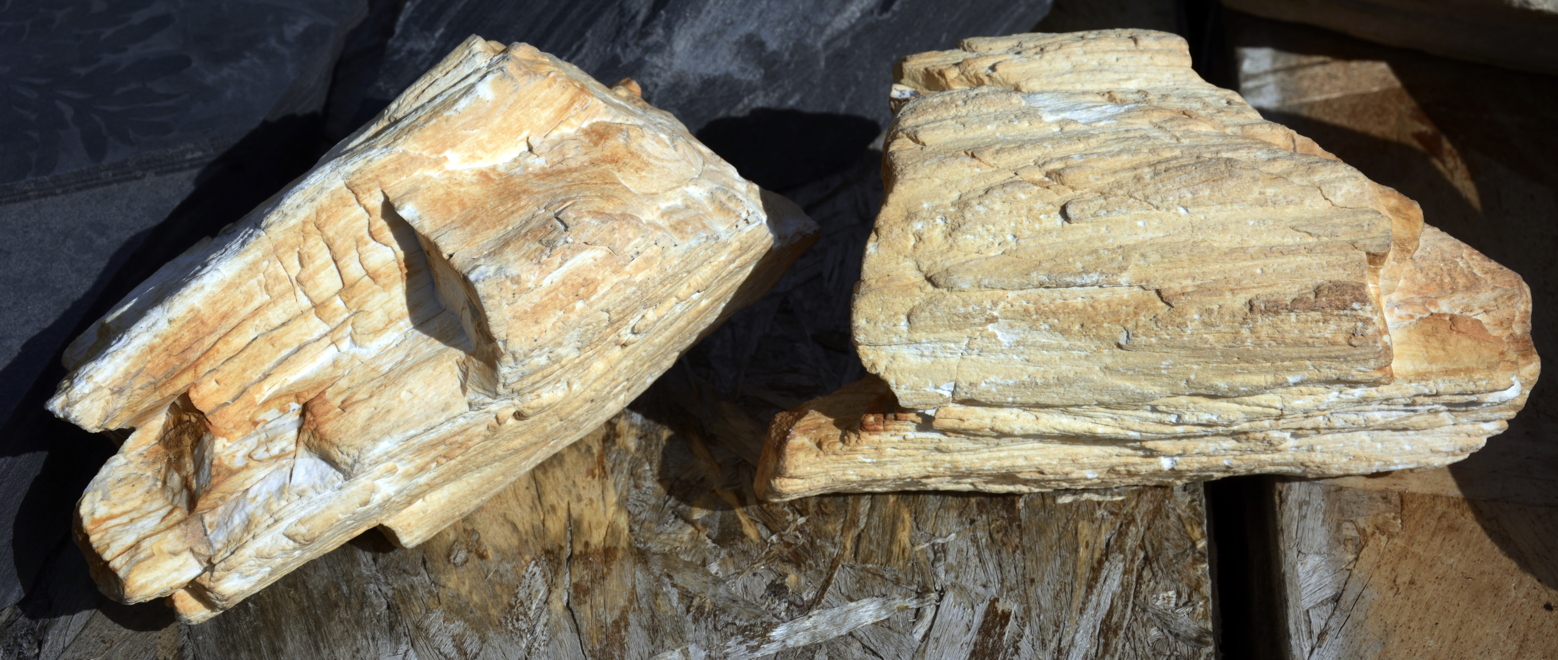 Two pieces of wood sit on a table.