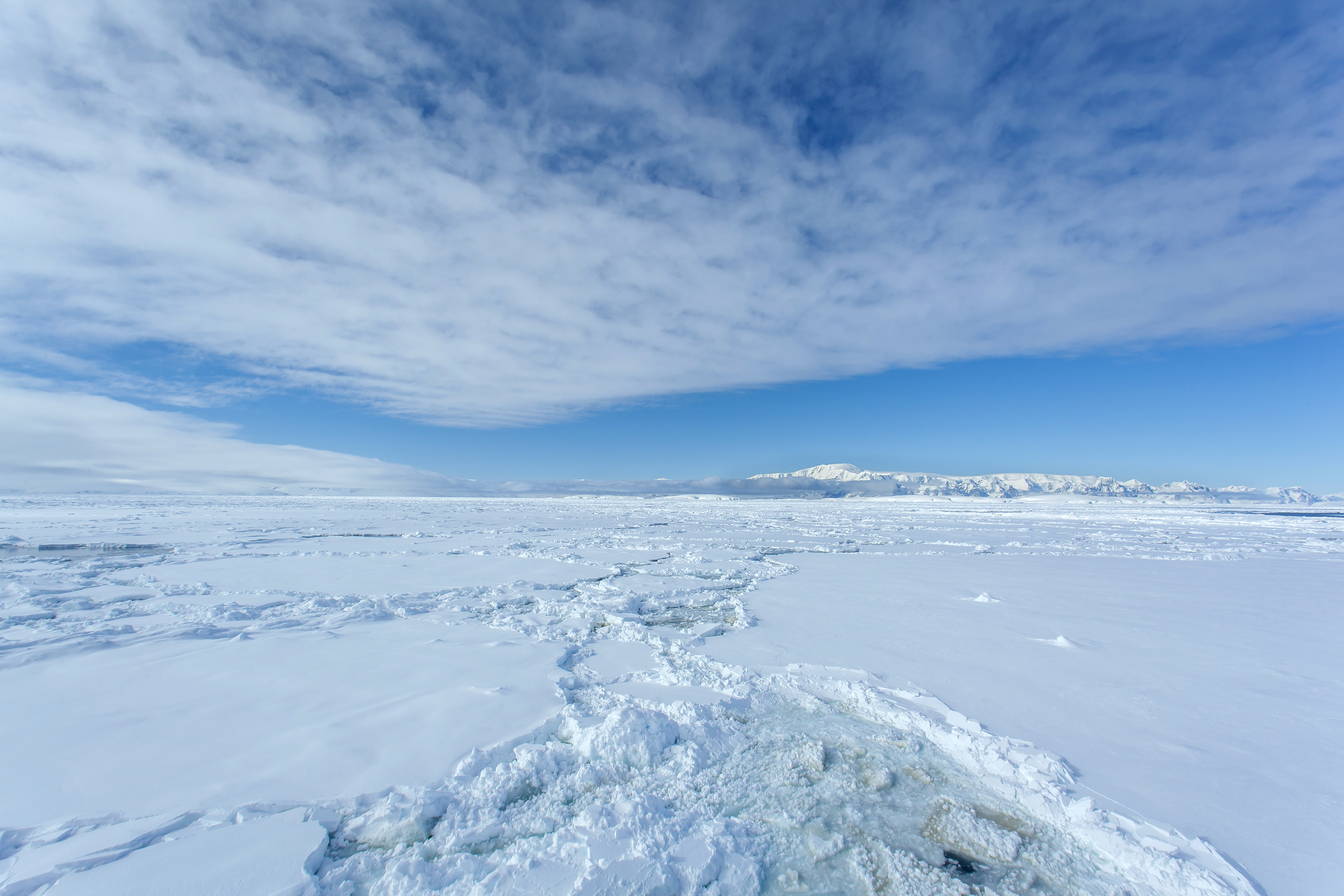 A landscape of sea ice and snowy mountains.