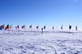 Flags standing in snow surround a pole topped with a globe.
