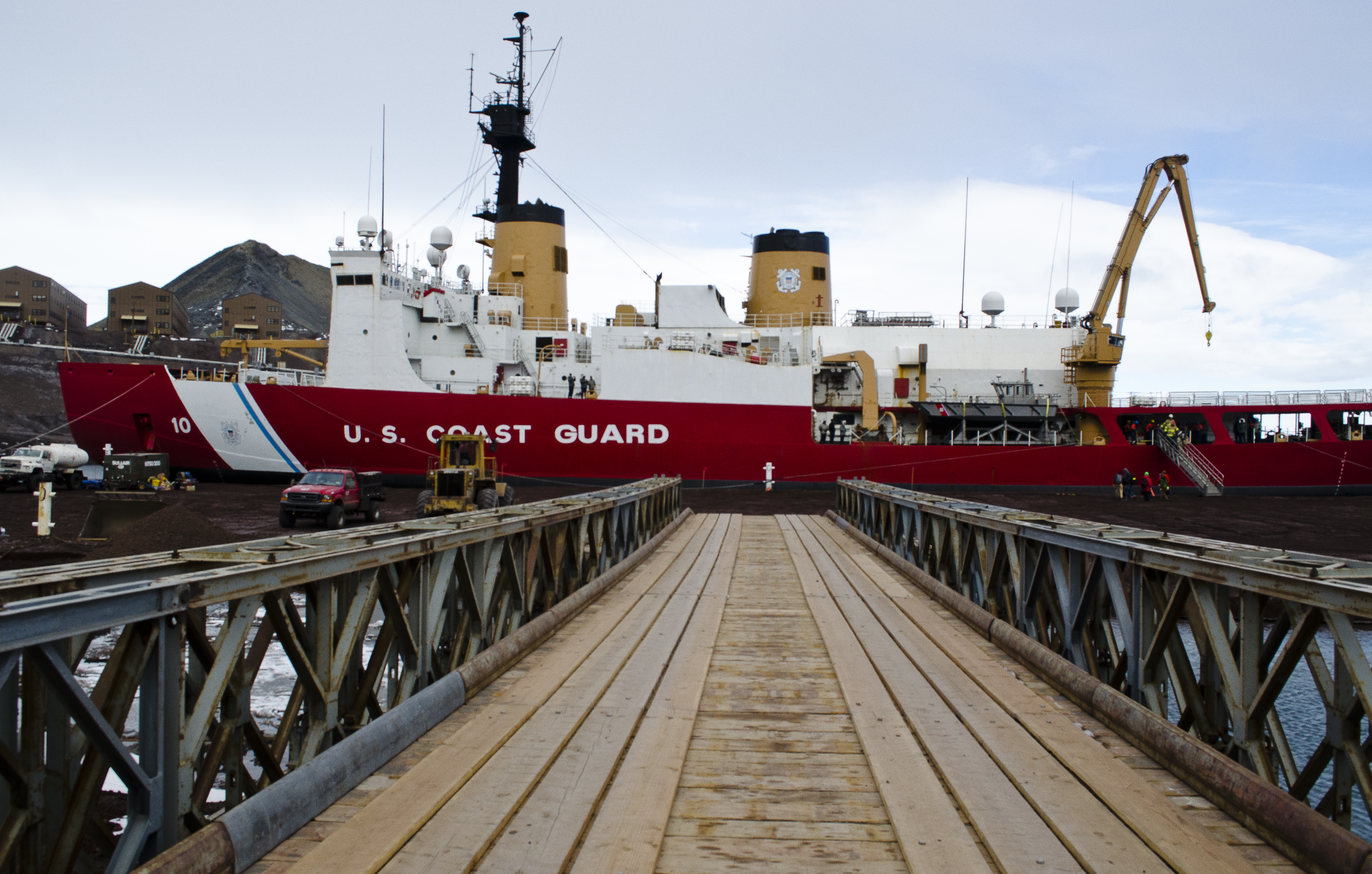 View of ship across bridge.