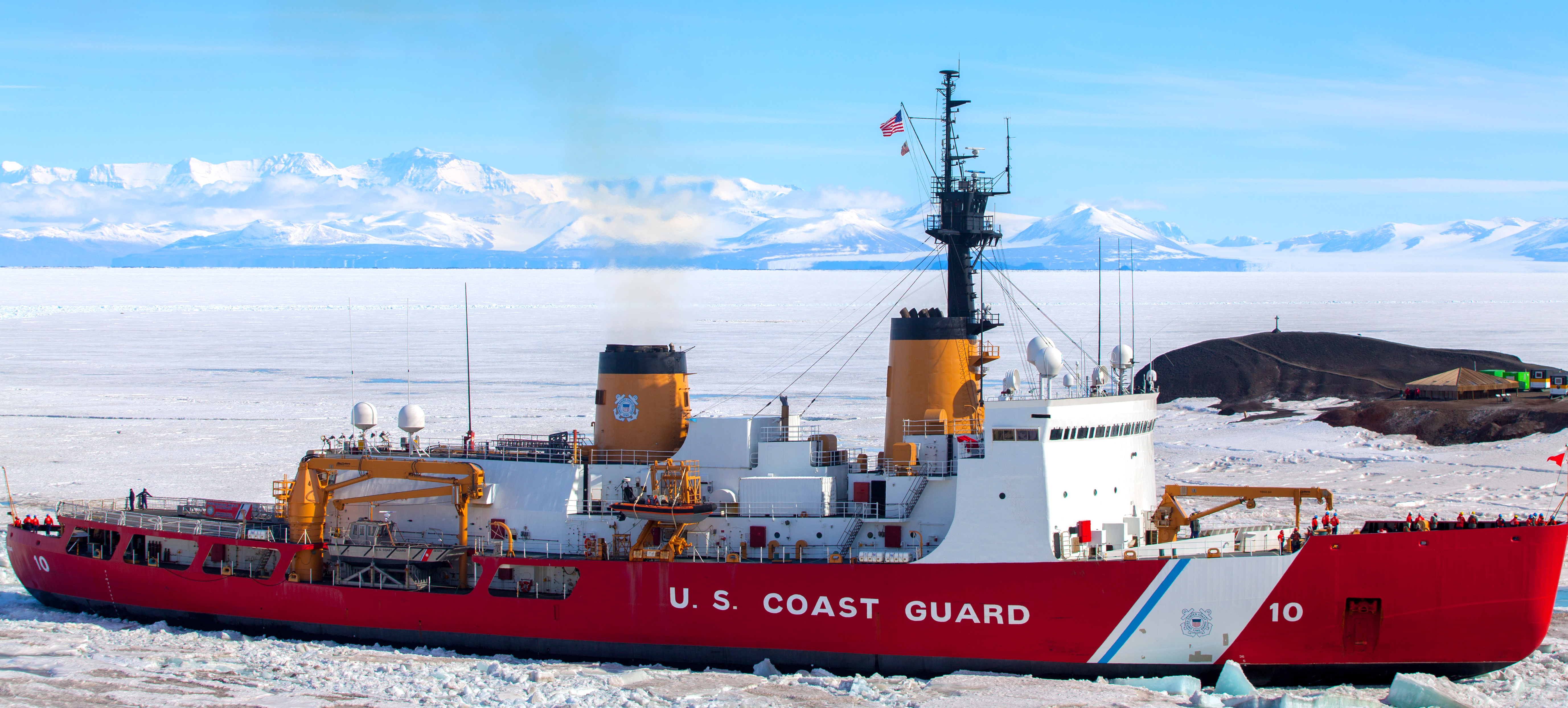 A ship sits in ice.