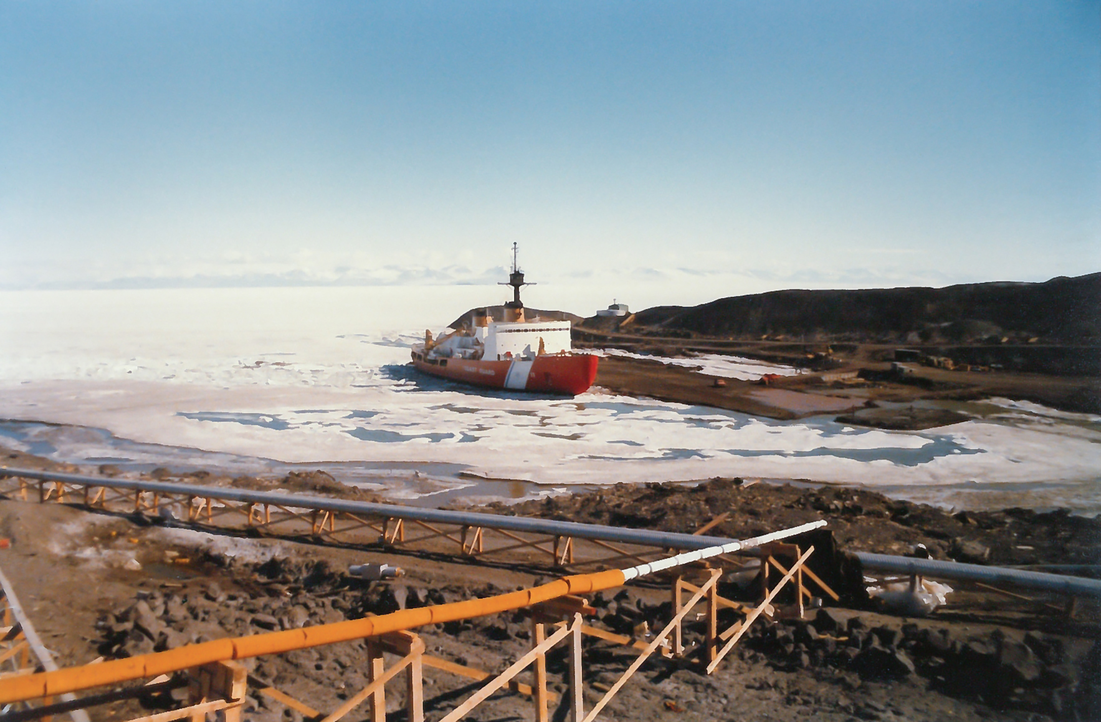 A vessel docked in ice.