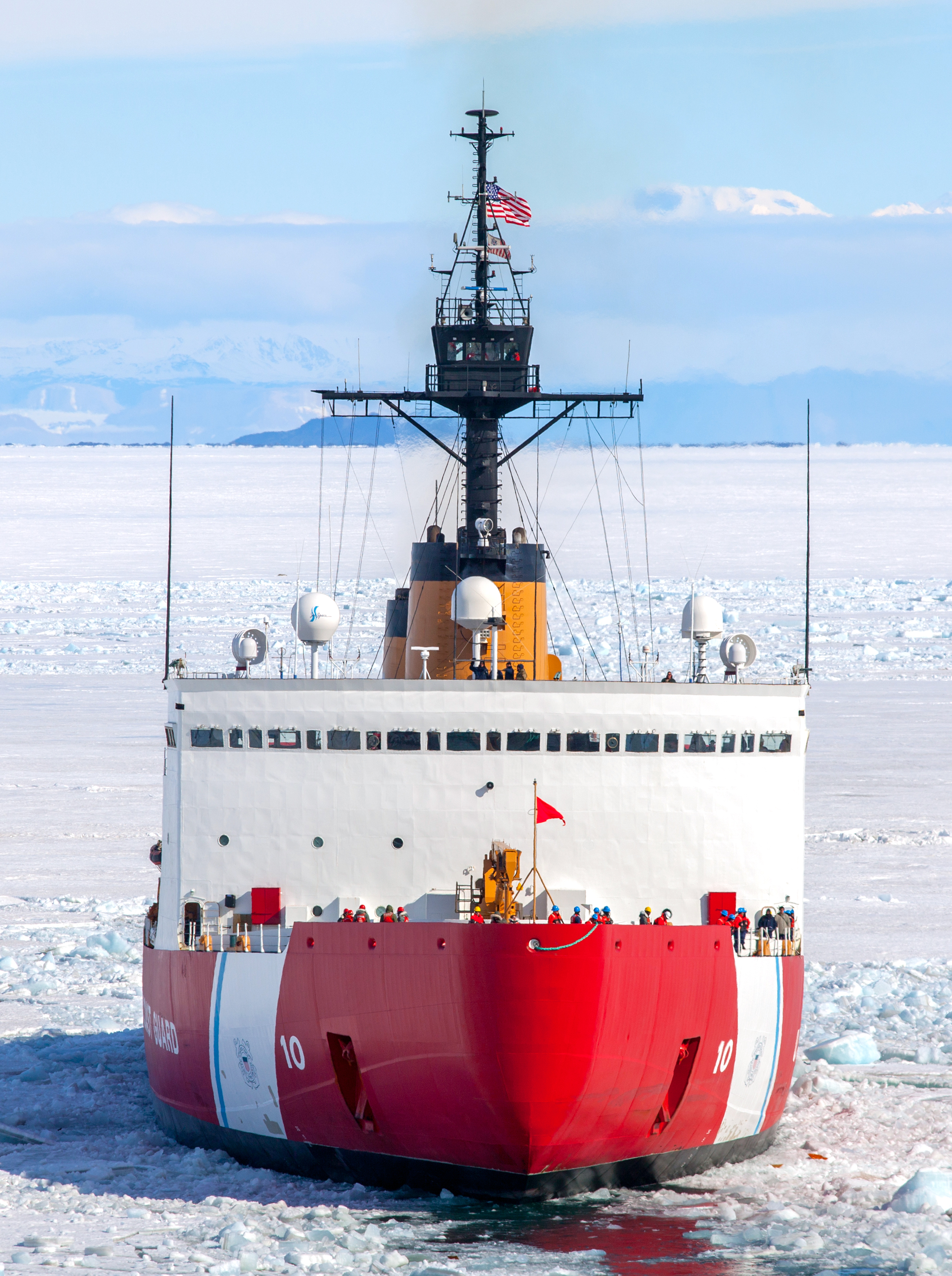 Ship sails through ice.