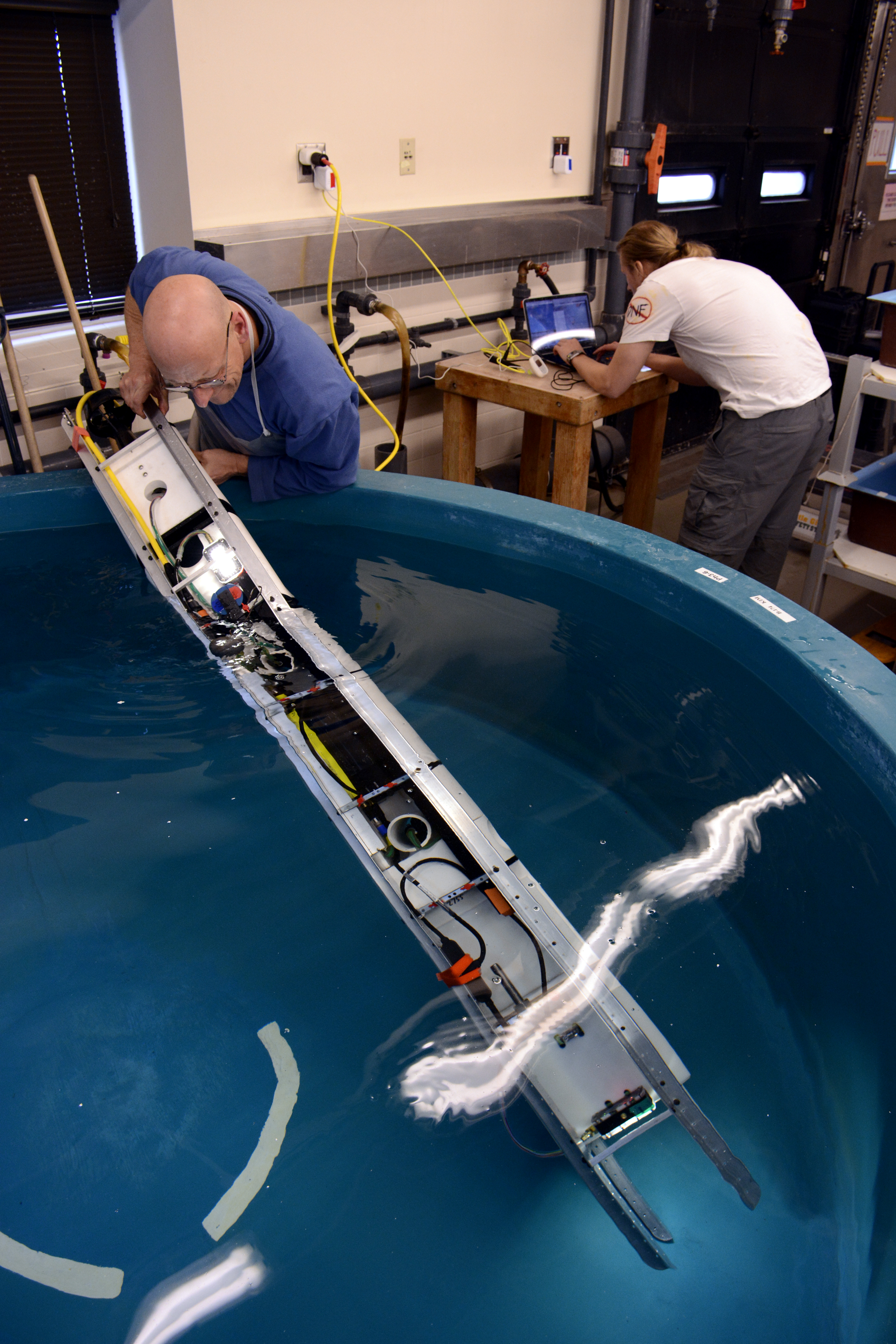 One person places scientific instrument in a pool of water while other works on computer.