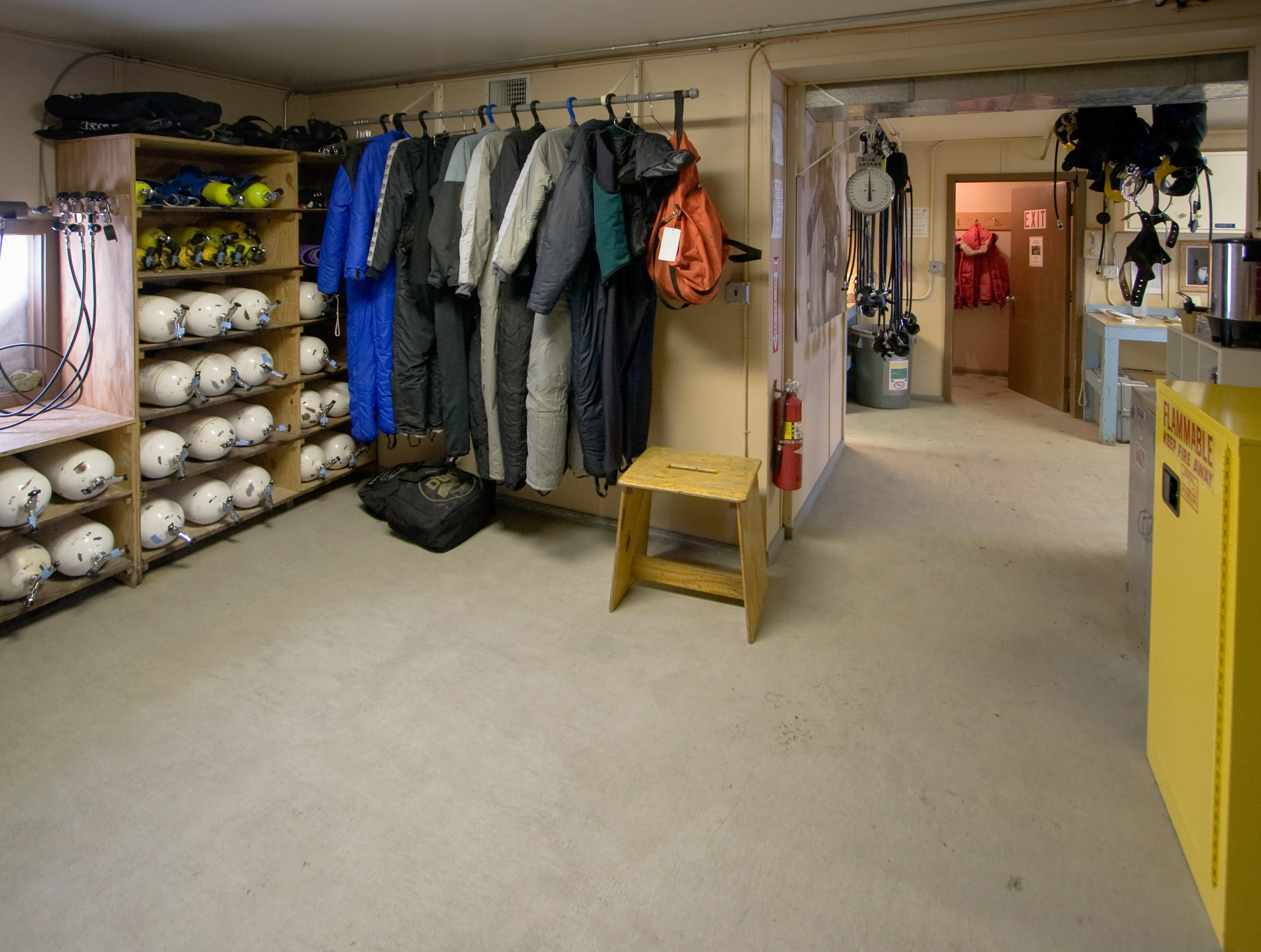 Photo of a room with diving gear.