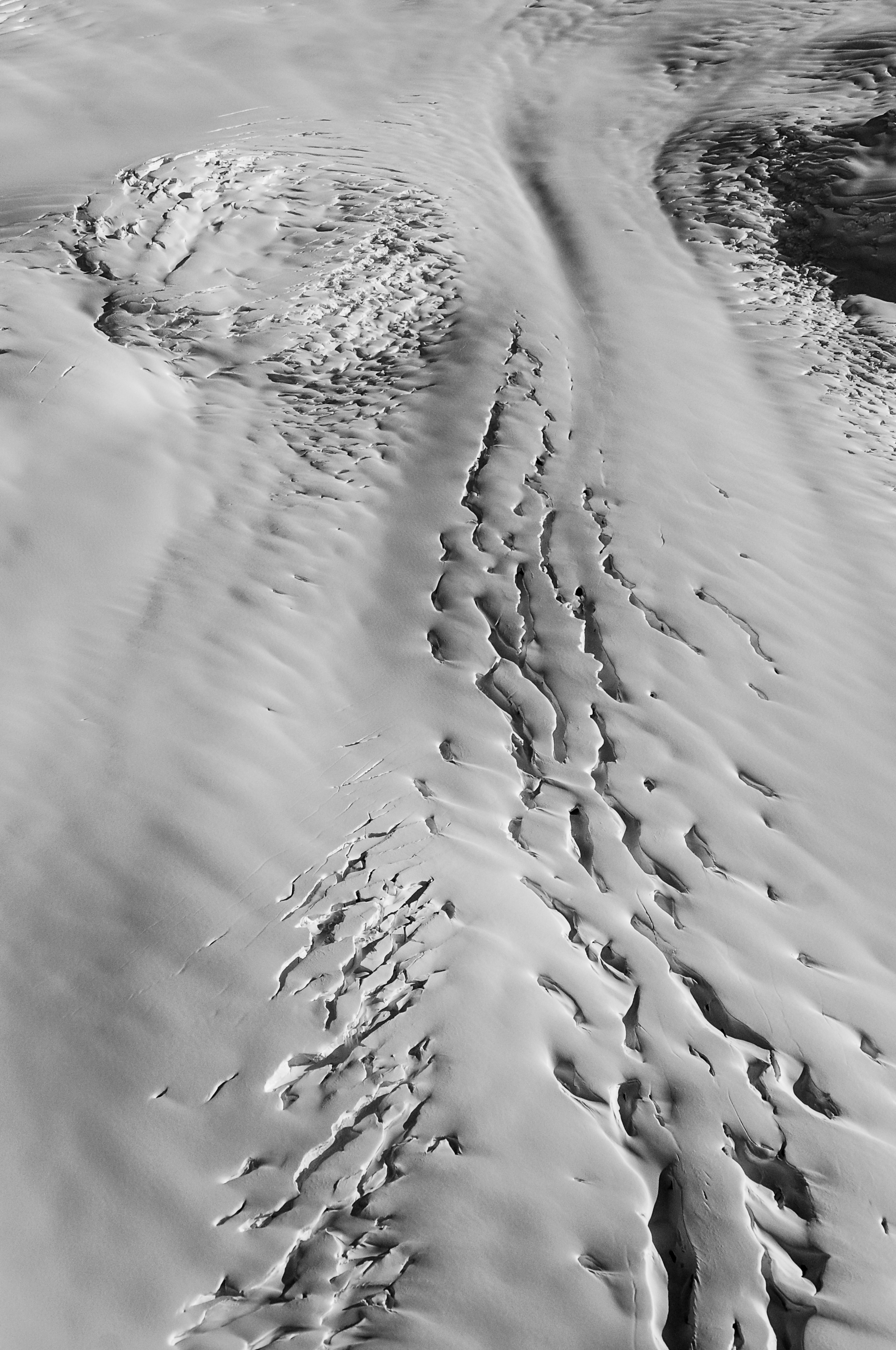 A trail of crevasses travel across ice.